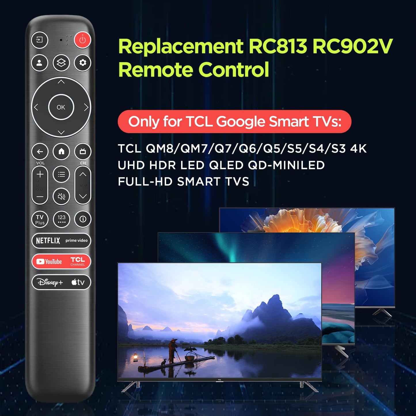 Replacement Backlit Remote Control for TCL Google Smart TV, for TCL 4K UHD LED QLED MiniLED Smart TVs (with Buttons Lighting Up)