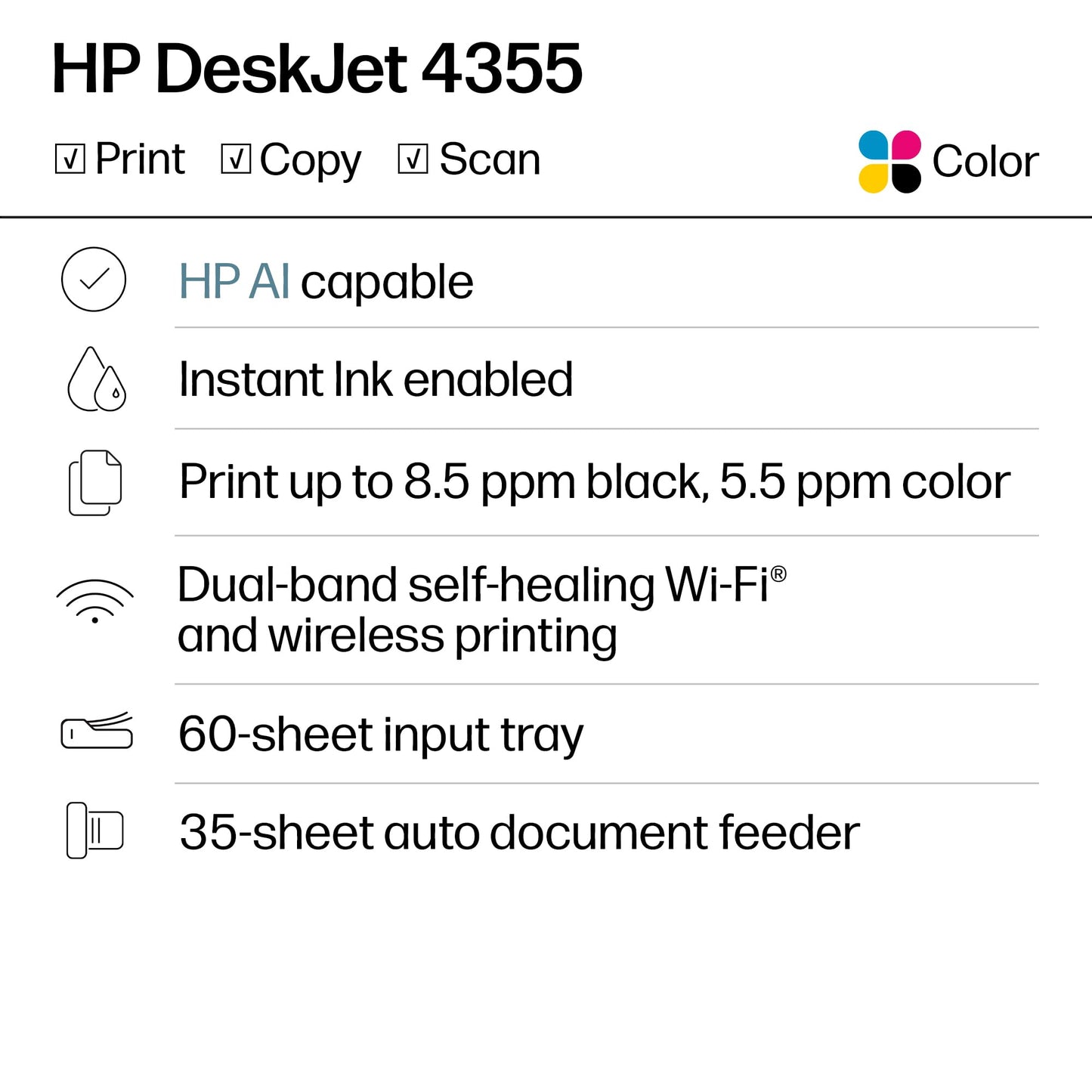 HP DeskJet 4355 Wireless All-in-One Color Inkjet Printer, Scanner, Copier, Best-for-Home, 3 Month Trial of Instant Ink Included, AI-Capable (AJ4Y0A)