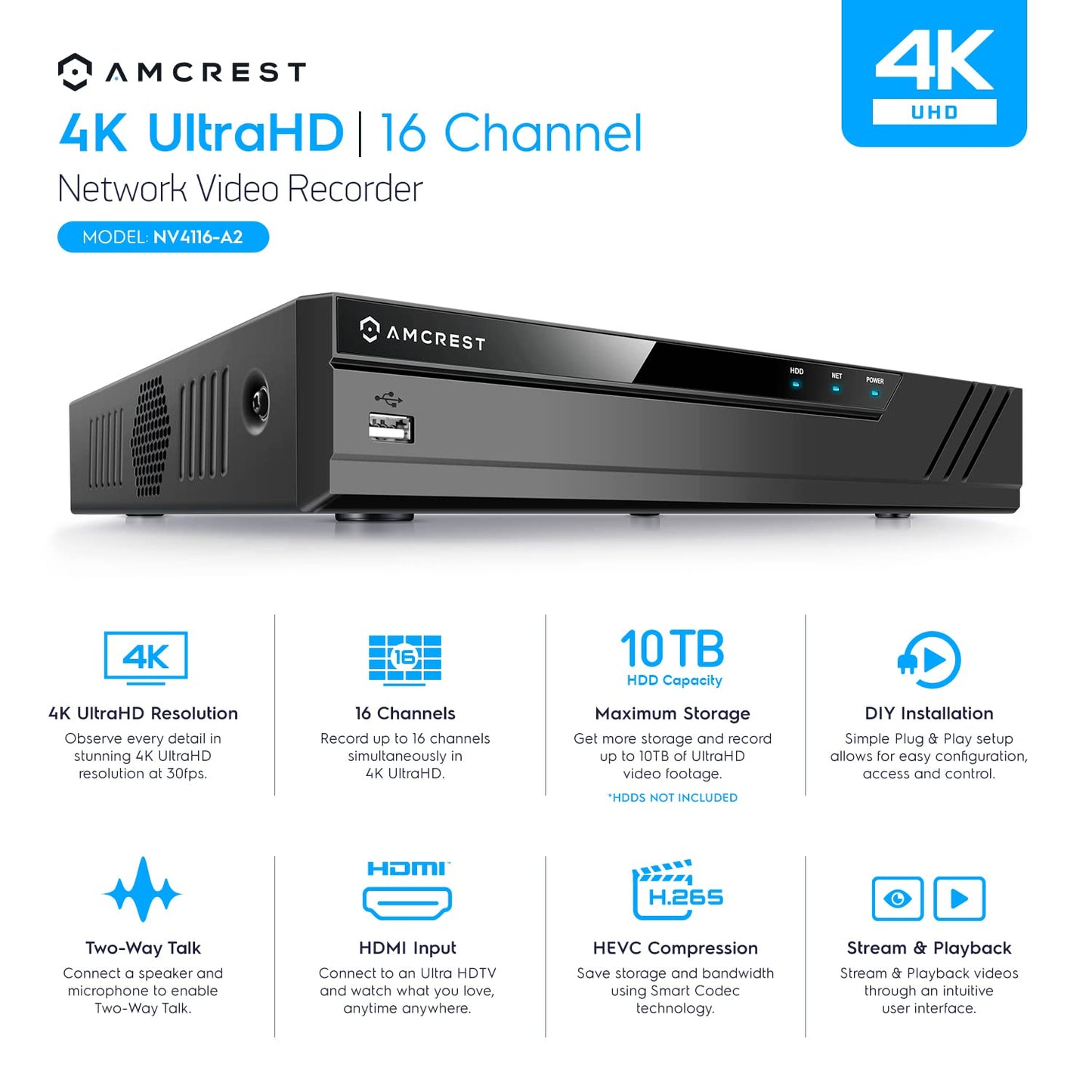 Amcrest 4K 16CH NVR (1080p/3MP/4MP/5MP/8MP) Network Video Recorder - Supports up to 16 x 8MP/4K IP Cameras, 16-Channel Supports up to 10TB HDD (Not