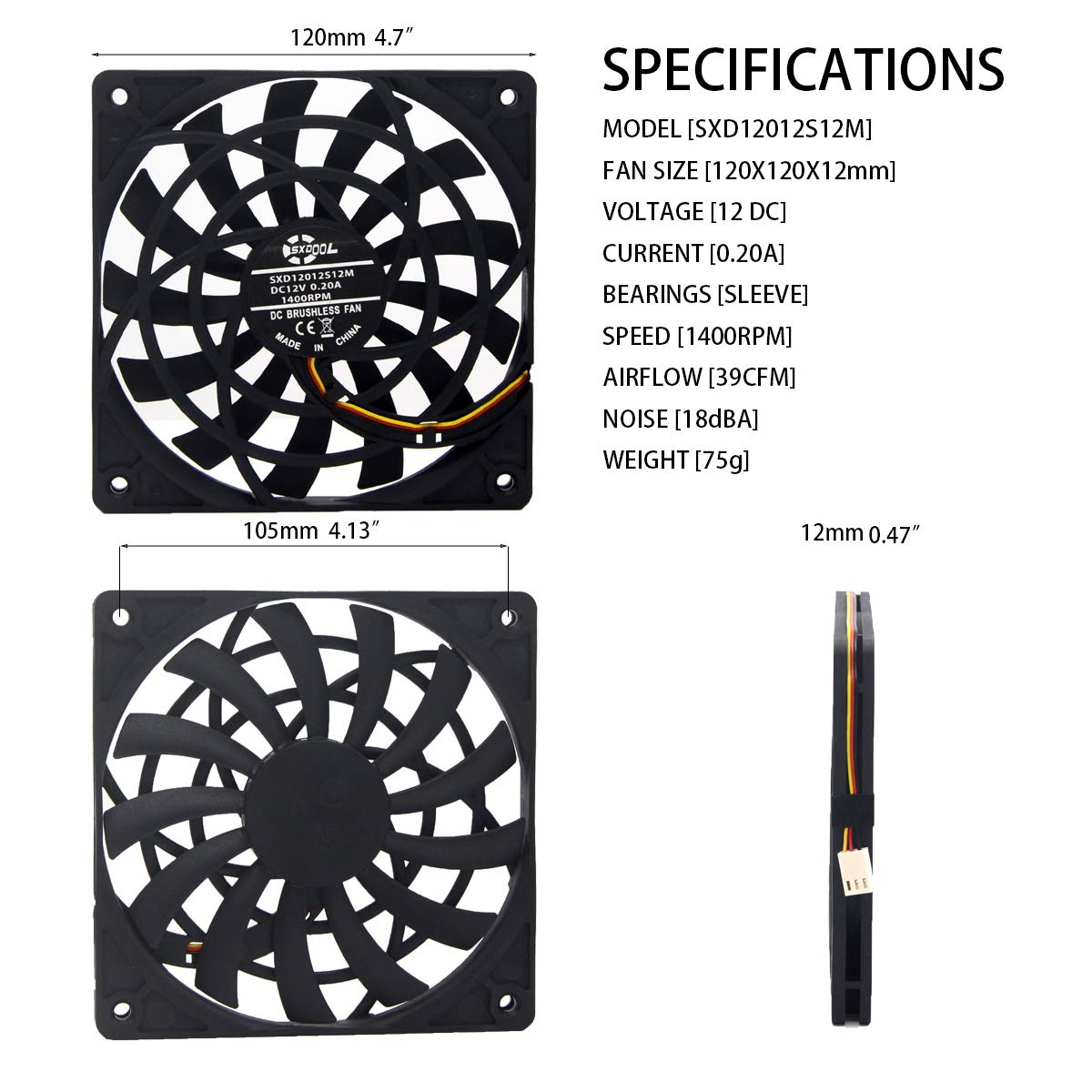 SXDOOL 120mm Slim Fan 120X12mm Thickness DC 12V with 3-Pin,for Computer Pc Case Quiet Silent Cooling