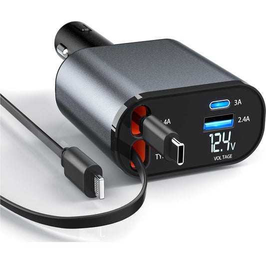 Retractable Car Charger?4 in1 Fast Car Phone Charger with Dual Retractable Cables and 2 Charging Ports (Type C+Lightning Retractable Cords)