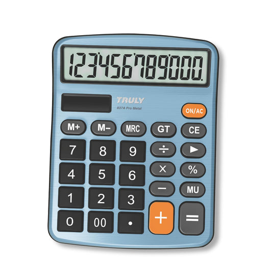 TRULY 12-Digit Desktop Calculator with Large Display, Big Buttons, Dual Power (Solar + Battery), Metal Finish, Ideal for Office, Home, School - 837A
