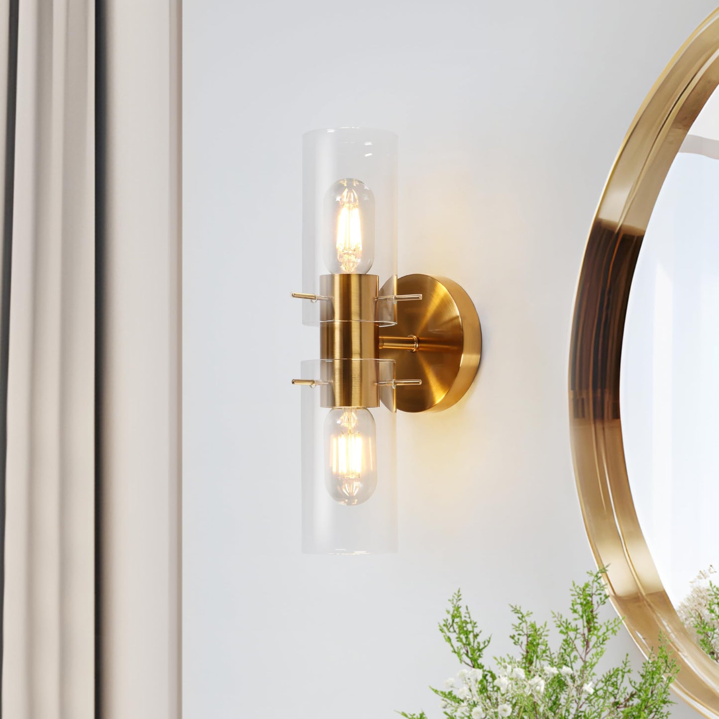 GEPOW Sconces Wall Lighting, Modern Gold Wall Sconces Indoor with Clear Glass Shade, 2-Light Plating Brass Bedroom Bathroom Wall Sconce Light Fixtures