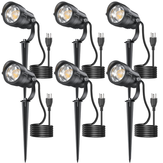 HIBOITEC 12W Plug in Outdoor Spotlights 6 Packs, 36° COB LED Spot Light Waterproof, ET; Listed 2900K Landscape Lights with Aluminum Stake for Yard