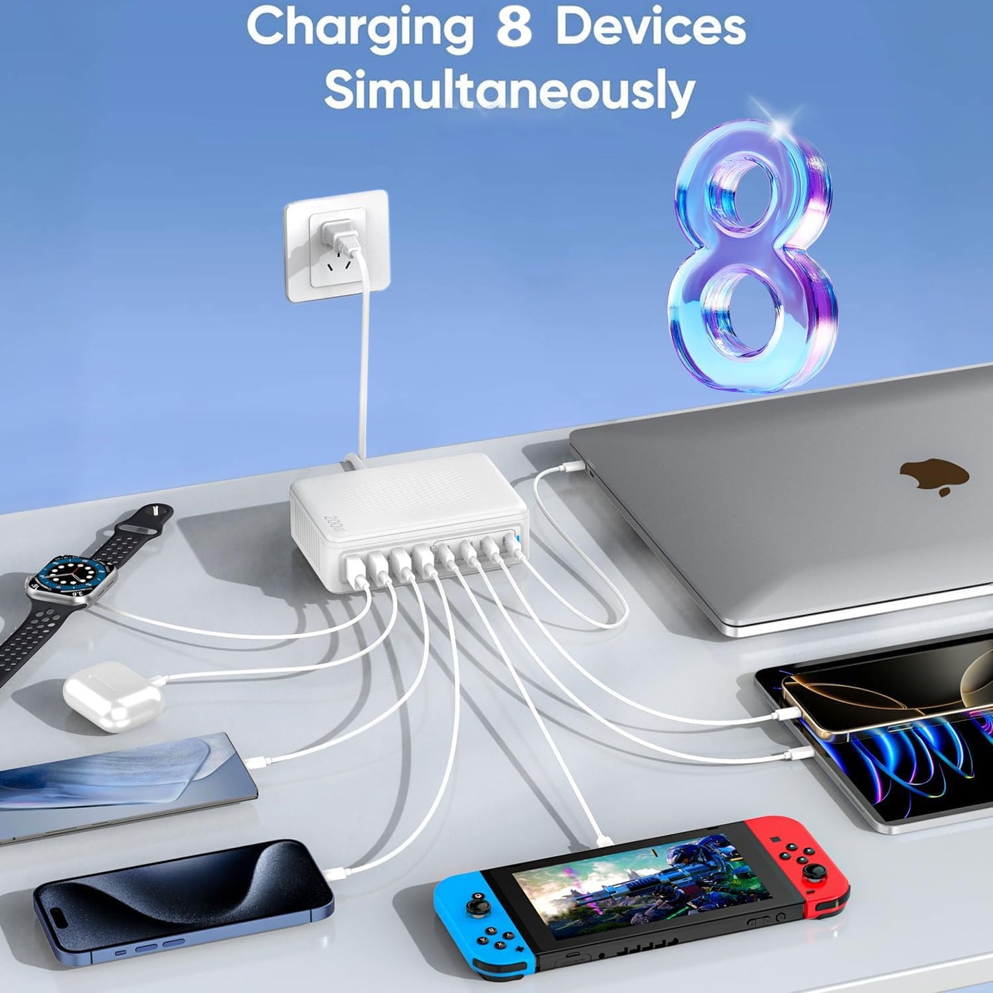 USB C Charger Block Charging Station-200W Fast GaN 8-Port Multiple Devices USB Charging Hub,65W Laptop Power Adapter Charger Compatible Apple iPhone