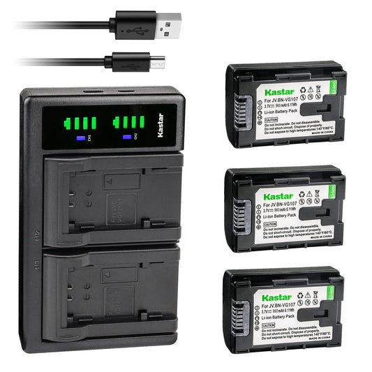 Kastar 3-Pack BN-VG107 Battery and LTD2 USB Charger Replacement for JVC GZ-MG980-R GZ-MG980-S GZ-MS110 GZ-MS110BEK GZ-MS110BEU GZ-MS110BU GZ-MS110BUC