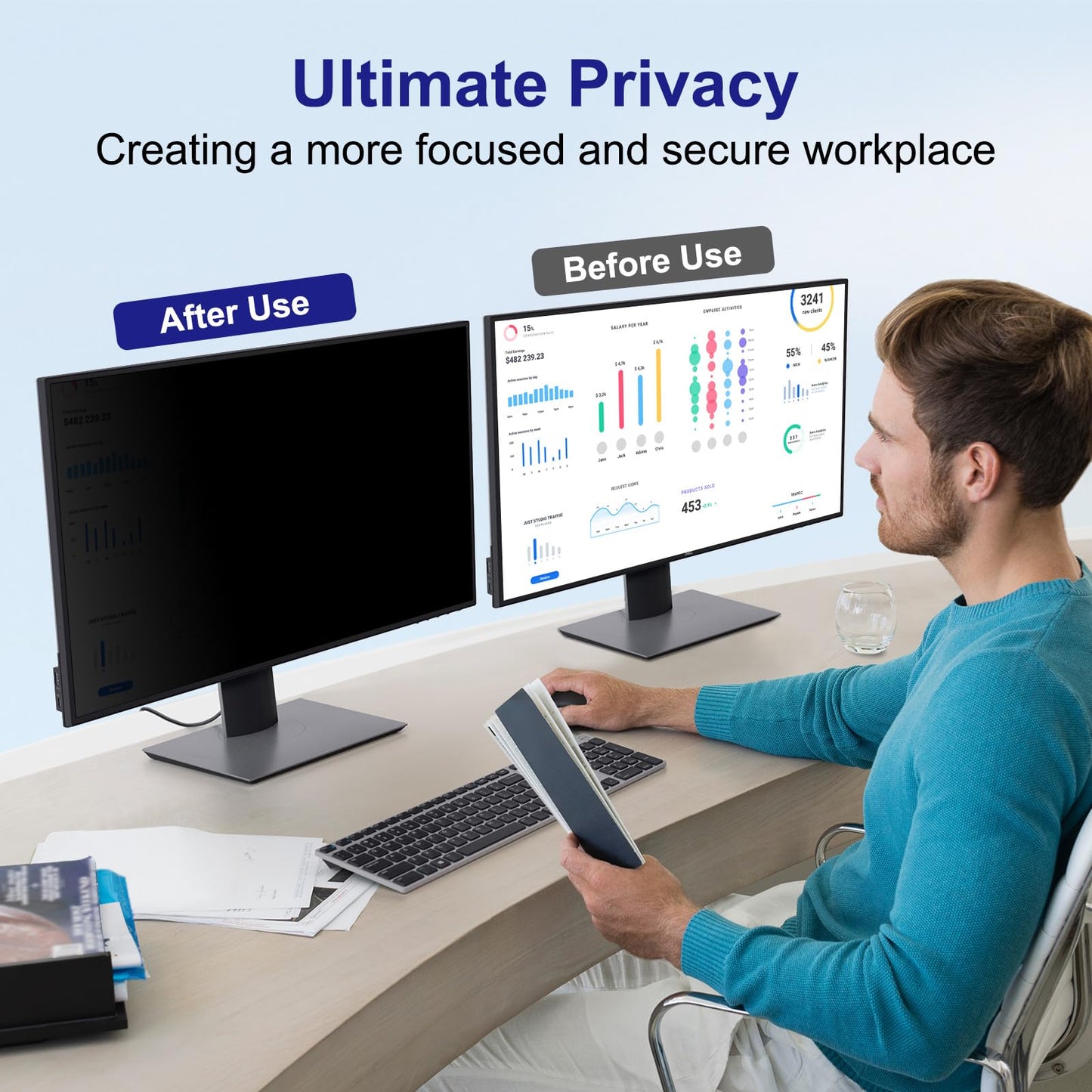 LUSA DESIGN 21.5 Inch Computer Privacy Screen Filter for 16:9 Aspect Ratio, Eye Protection Anti Blue Light Glare Shield, Removable Black Blackout Anti