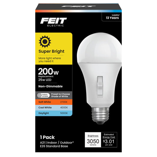 Feit Electric A21 LED Light Bulb, 200W Eq, 3CCT, E26 Base
