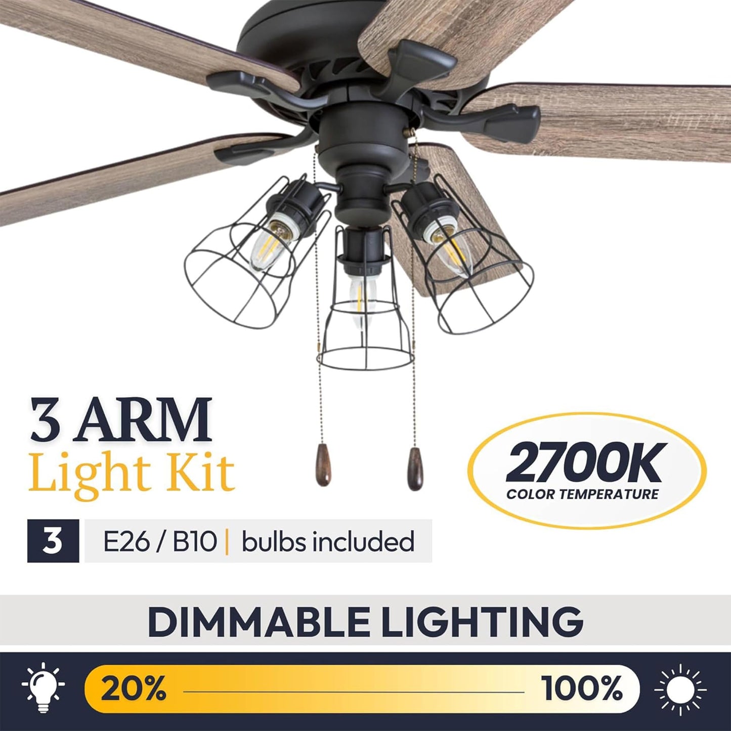 Prominence Home Lincoln Woods 52 Inch Ceiling Fan with LED Light, Pull Chain Control, 5 Blades with Reversible Motor and Tri-Mount Options, Bronze