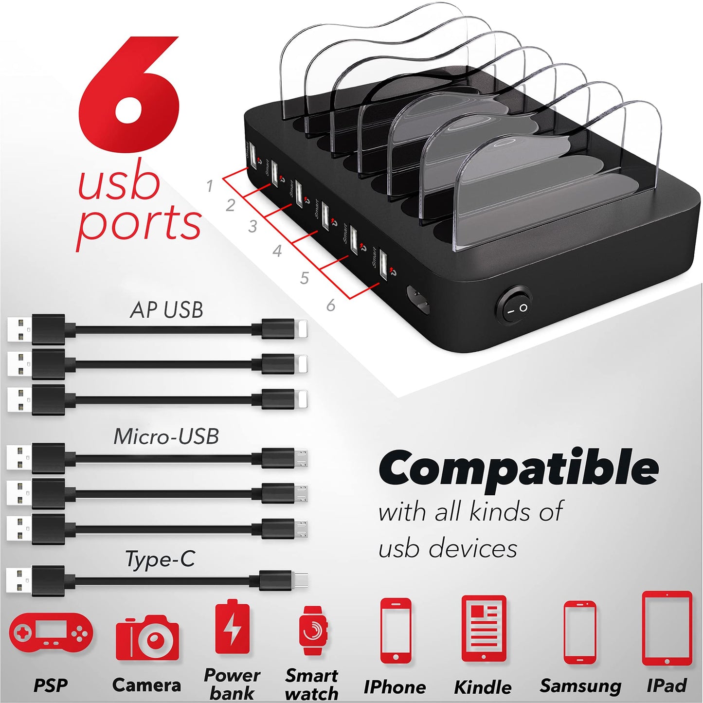 USB Charging Station - 6 Port Universal Charging Station for Multiple Devices - Multi Device Charger Dock - Compatible with Apple, iPad, iPhone