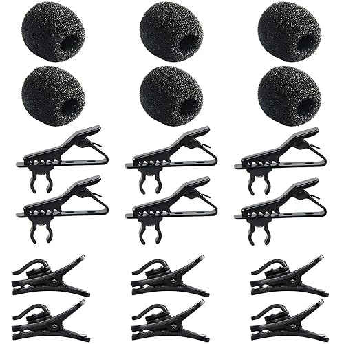 AUGSUN 18Pcs Lapel Microphone Clips Replacement Kit, 6Pcs Lavalier Mic Clips Metal Tie Clips Lavalier Microphone Clips, 6Pcs Windscreen Foam Cover and