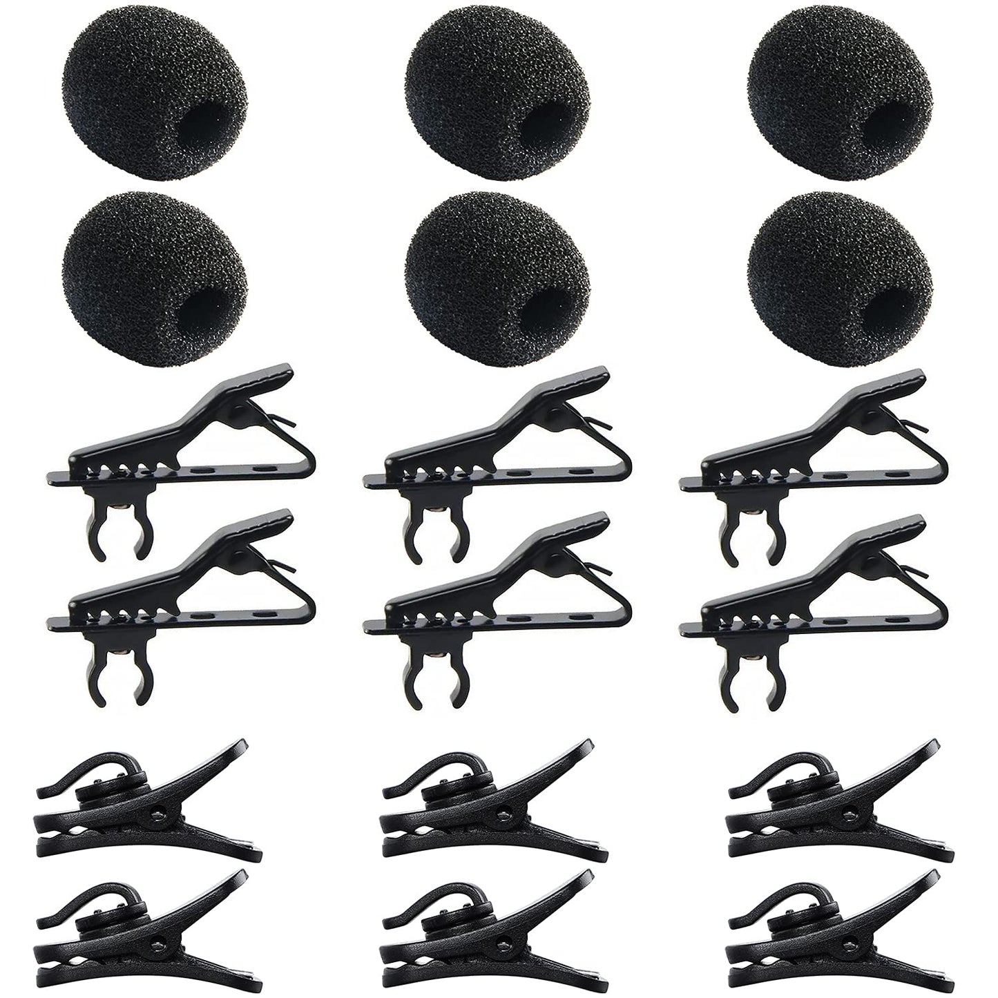 AUGSUN 18Pcs Lapel Microphone Clips Replacement Kit, 6Pcs Lavalier Mic Clips Metal Tie Clips Lavalier Microphone Clips, 6Pcs Windscreen Foam Cover and