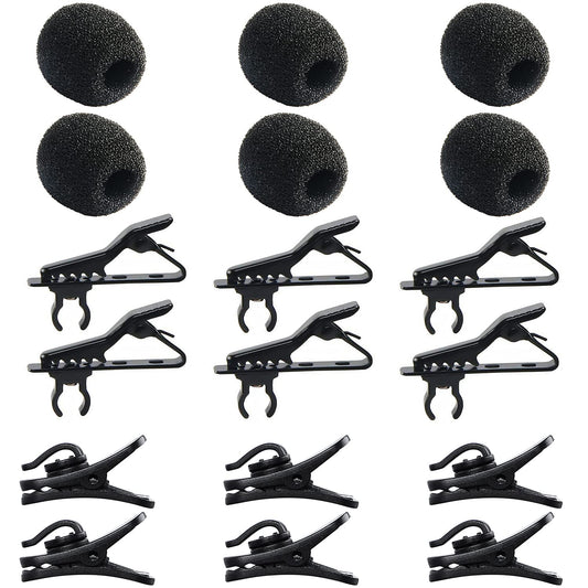AUGSUN 18Pcs Lapel Microphone Clips Replacement Kit, 6Pcs Lavalier Mic Clips Metal Tie Clips Lavalier Microphone Clips, 6Pcs Windscreen Foam Cover and