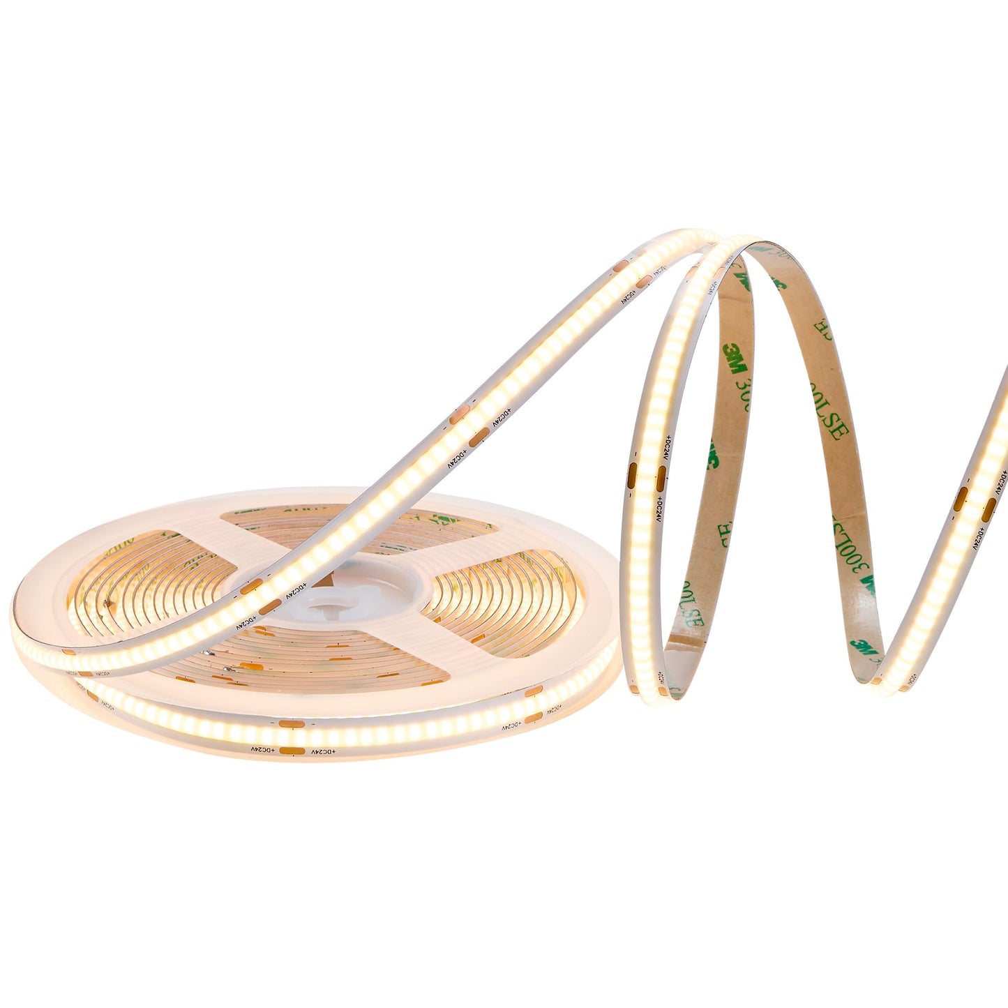 Maxxima 16.5 ft. COB LED Strip Light Spool, Plug-in Or Hardwired with Power Supply, 3000K Warm White, Dimmable, Self Adhesive Cuttable Rope Tape Light