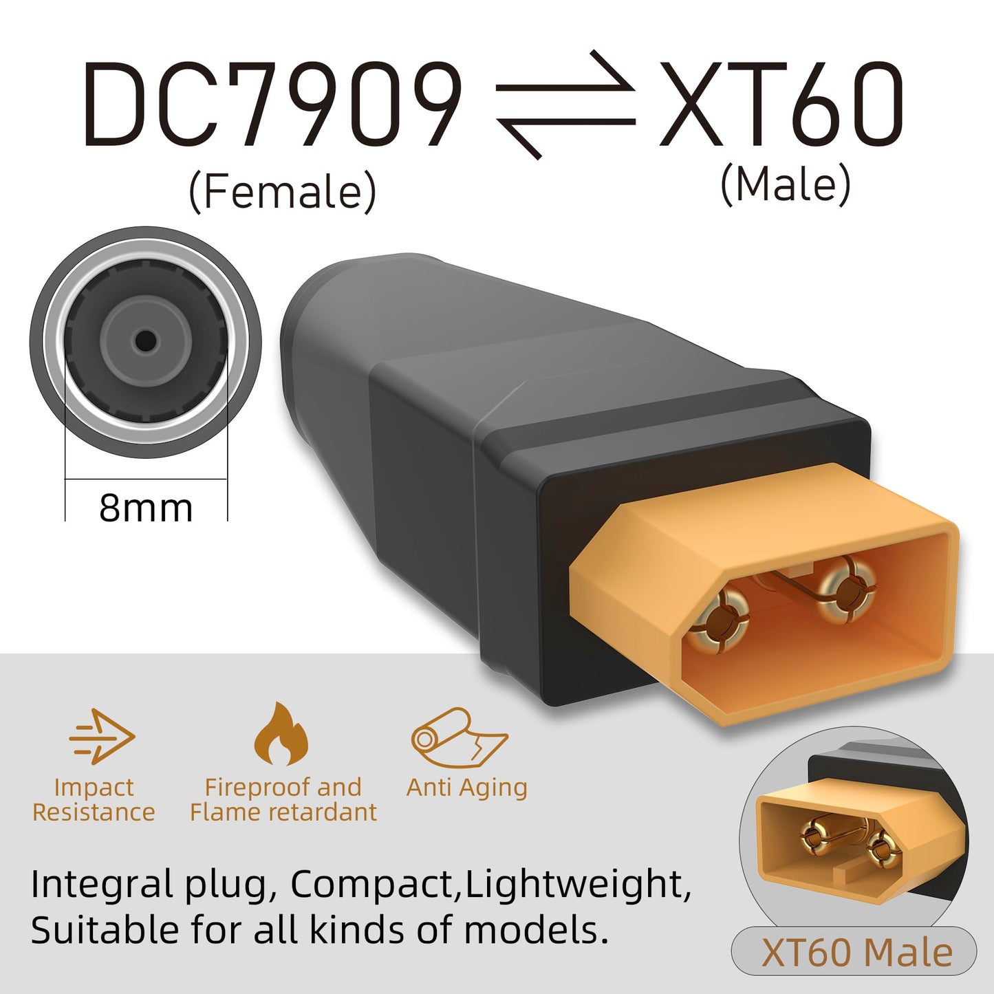 Magiclifee XT60 to DC 8mm Adapter, XT60 Male to DC 7909 Female Wireless Connectors for Solar Panel, Lipo Battery, Portable Power Station, Solar