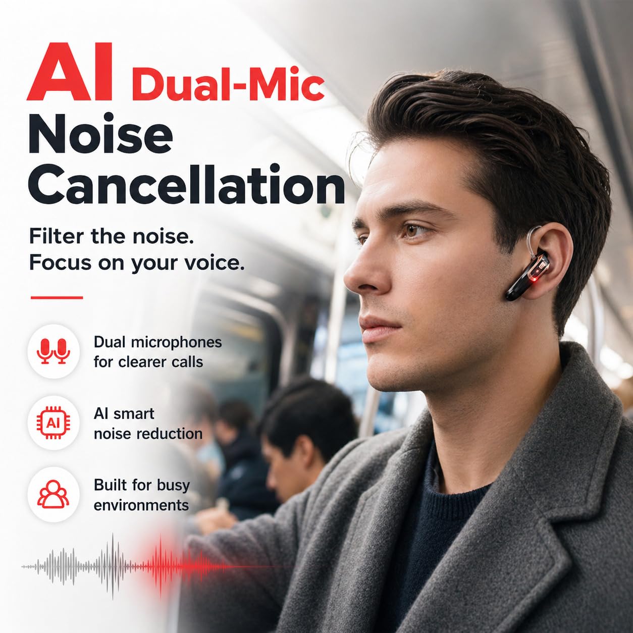 Bluetooth Earpiece Headset V6.0 with Noise Cancelling & 38 Hours Talk Time - Trucker Handsfree Earpiece, Dual Device Pairing, Single Ear Wireless