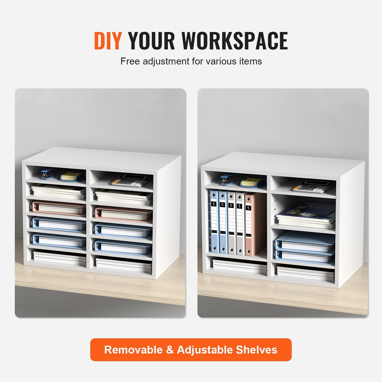 VEVOR Literature Organizers, 12 Compartments Office Mailbox with Adjustable Shelves, Wood Literature Sorter 20.4x12x16.1 inches for Office, Home