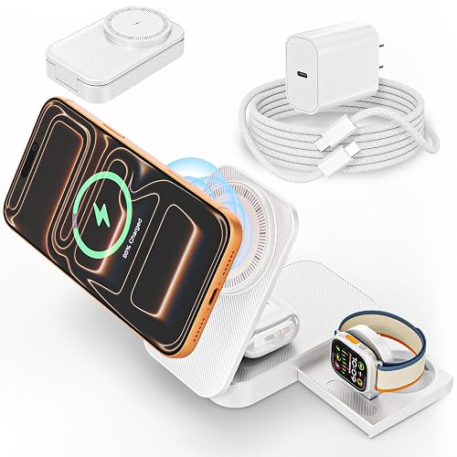 [Apple MFi Certified]Magnetic Charger 3 in 1 Charging Station,25W Wireless Foldable Mag-Safe Charger 6FT USB-C Cable Wireless iPhone Charging Station