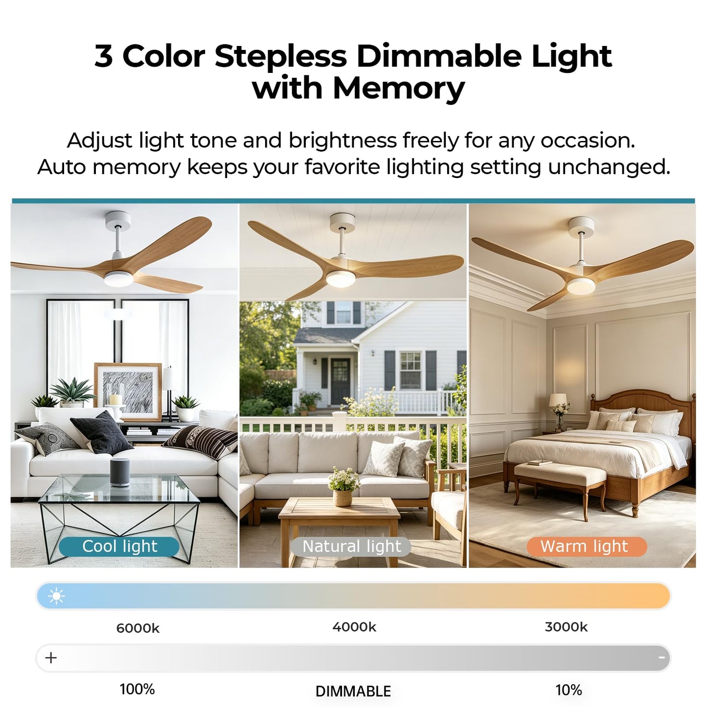 STANDLE 72 Inch Wooden Ceiling Fans with Lights and Smart Control, Natural