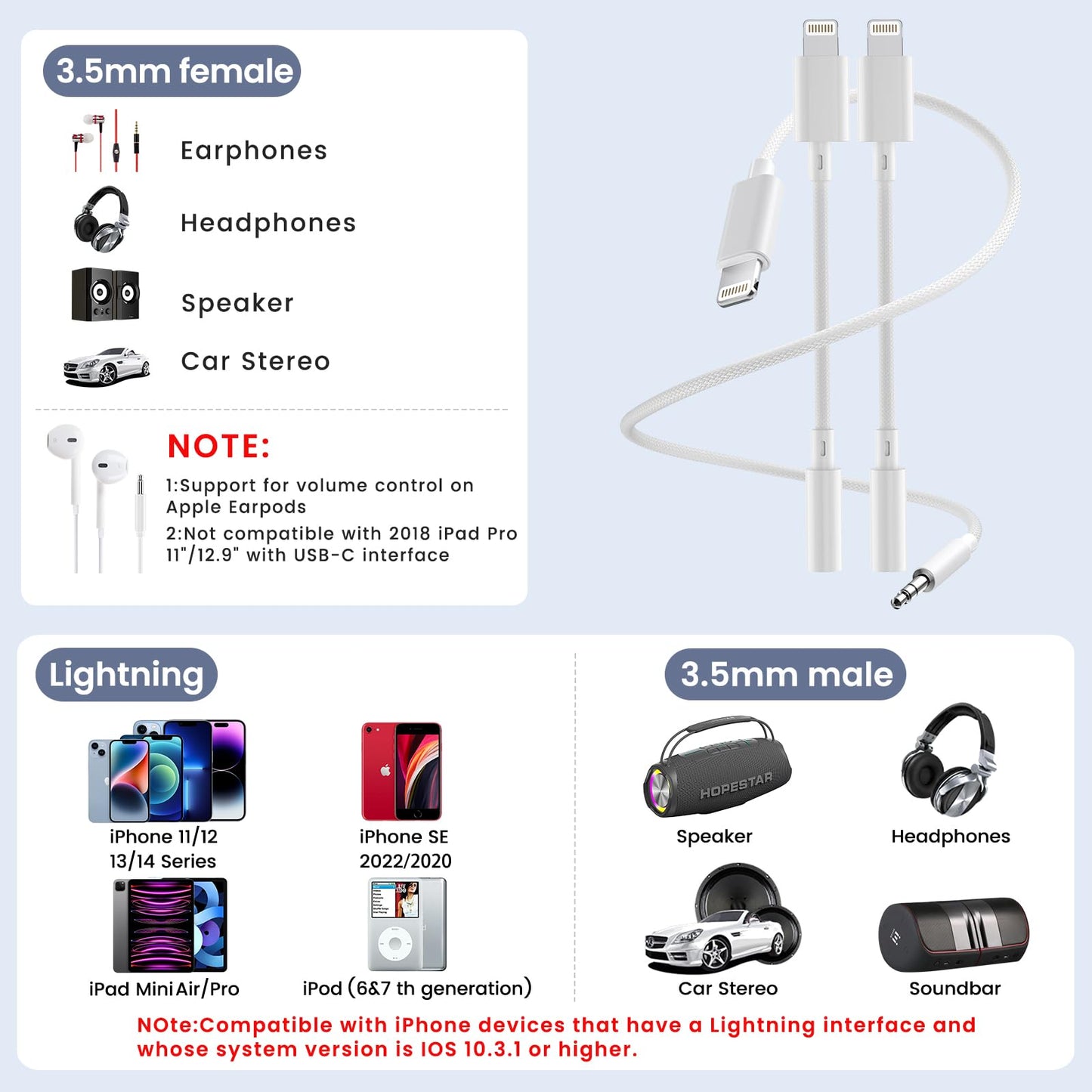 Lightning to 3.5mm Audio Adapter 2 Pack and 4ft Aux Cable Hi-Fi Lightning to Headphone Jack Adapter and Aux Cord Compatible with iPhone 14 13 12 11 XS