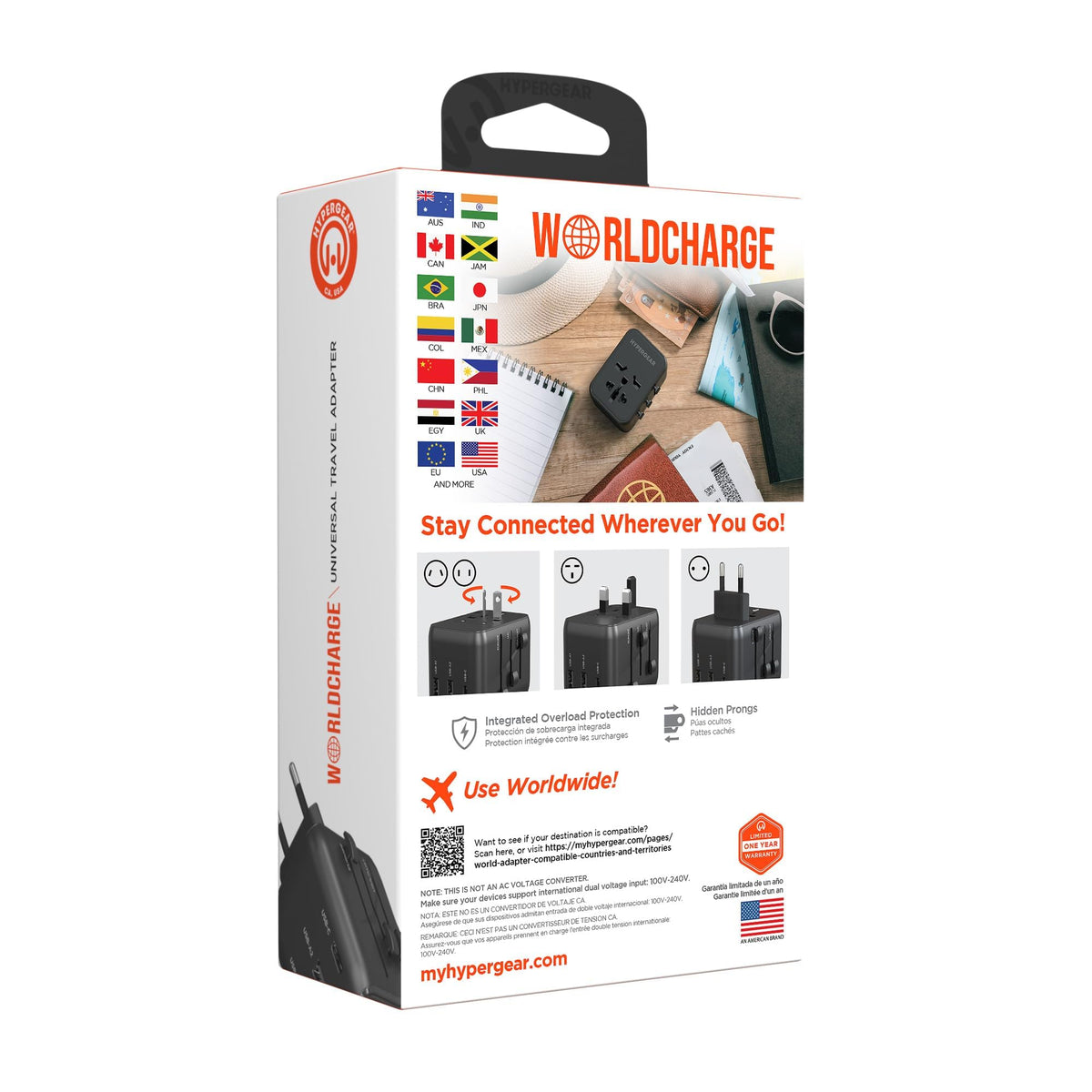 Universal International Travel Power Adapter with USB-C Portable & Compact Converter [US, AUS, EU, UK outlets] Adapter + Type-C Fast Charge + Dual USB (Black)