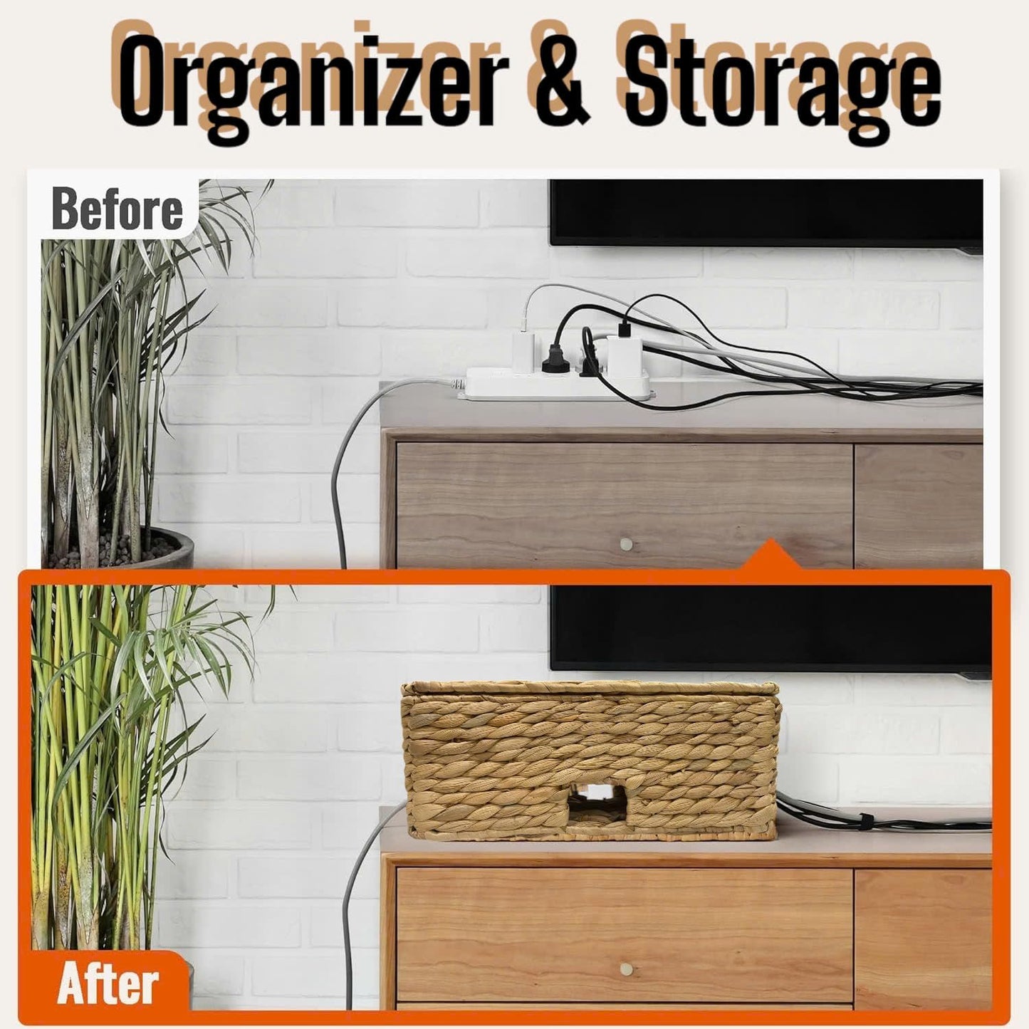 Cable Management Box, Water Hyacinth Organizer Box, Durable Rattan Cable Organizer, with 2 Open Slots for Home Office Desk Computer TV Wires USB Hub