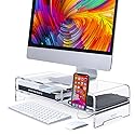 BEYGORM Acrylic Monitor Stand for Full Keyboard, 20" Wide 2-Tier Riser with Storage Shelf and Phone Holder, Desktop Organizer for Laptop, Printer