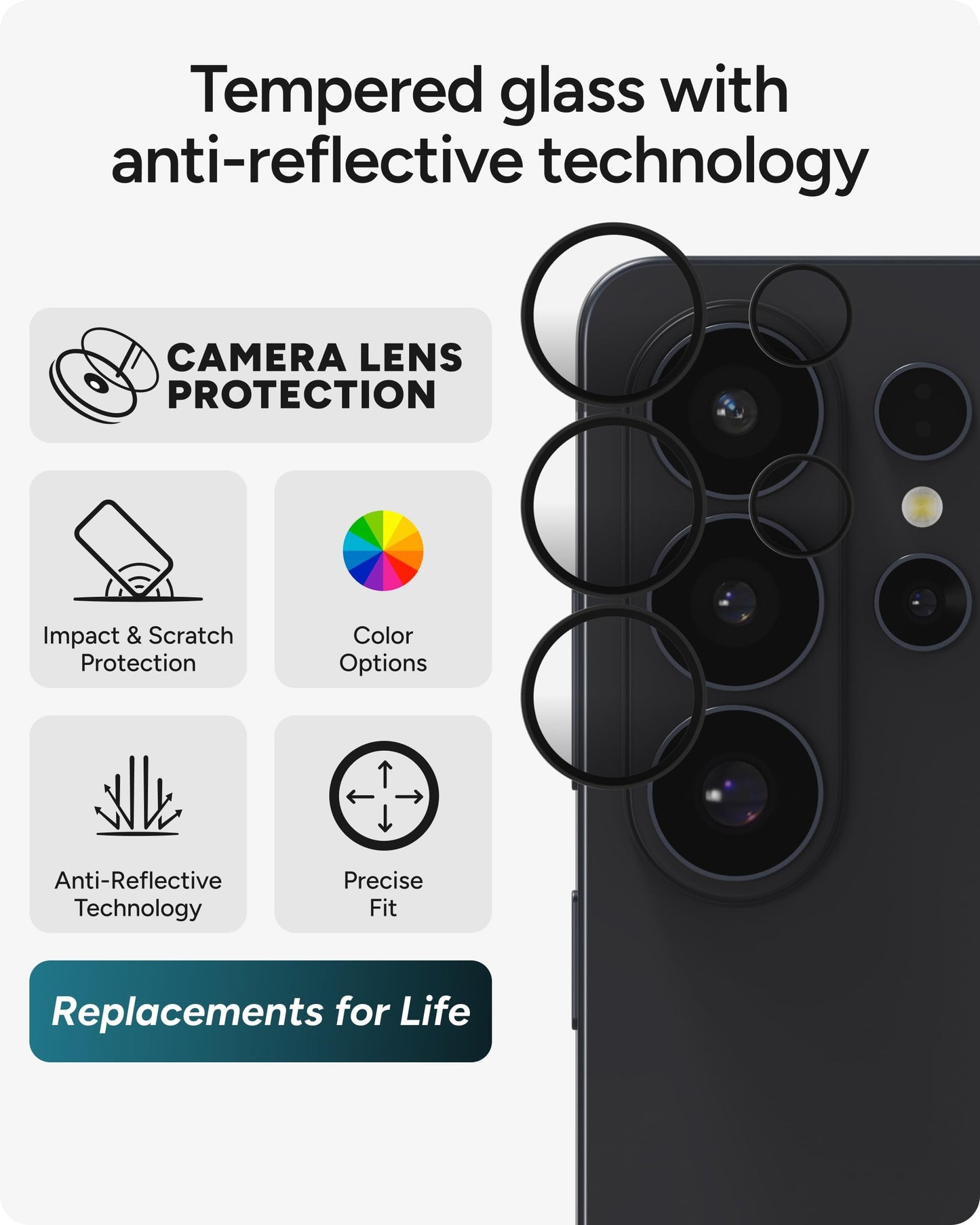 ZAGG Glass Elite Samsung Galaxy S26 Ultra Camera Lens Protector - Anti-Reflective, 5X Stronger Impact & Scratch Resistant Aluminosilicate Glass - Easy