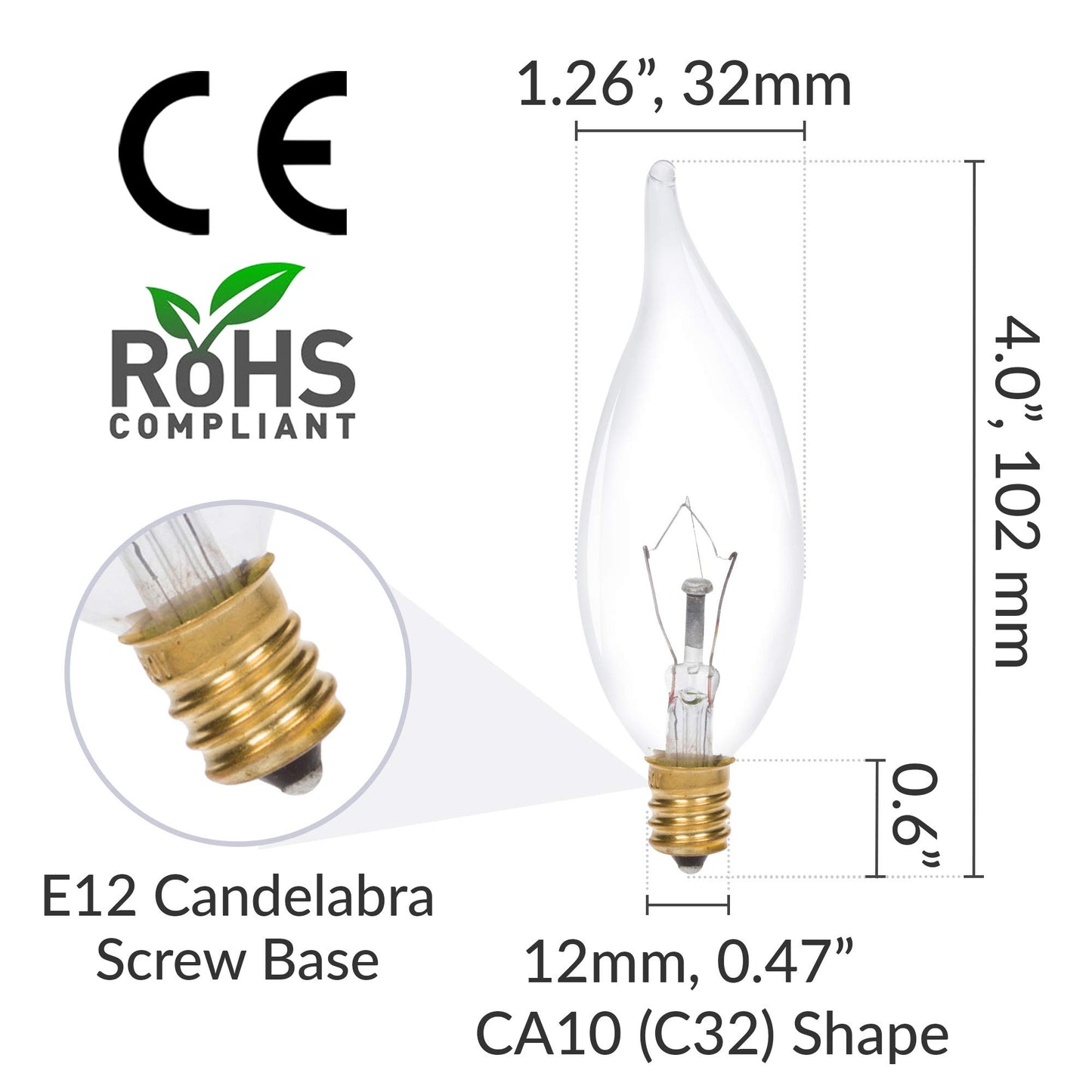 Simba Lighting Candelabra Flame Tip Clear CA10 25W E12 Base 120V, 12 Pack