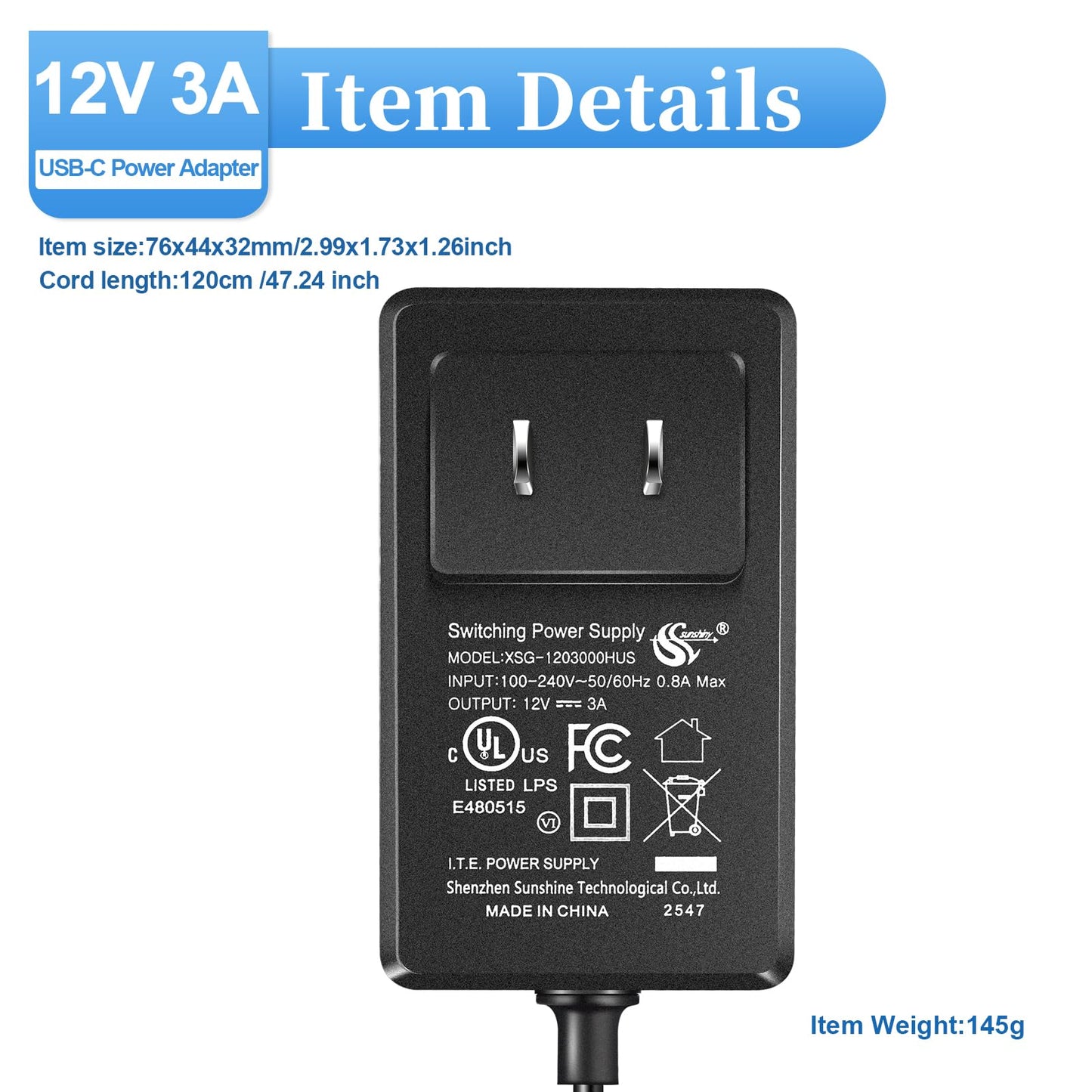 12V 3A USB-C Power Supply | Universal Charger for MeLE Mini PC, AVAPOW Jump Starter & Compatible with 12V 2A/12V 1A Devices | UL Standard Wall Mount