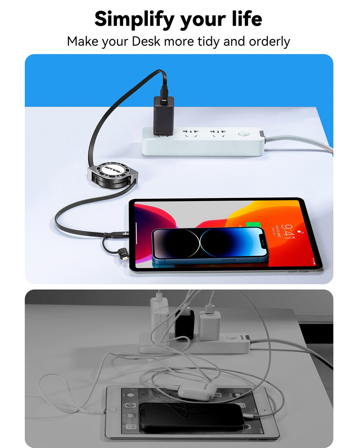 RULUS 2 in 1 Retractable USB C Cable 60W, [2Pack,4ft] Retractable USB C to C/Lightning (PD 27W) Fast Charging & Data Sync with IP/Type C Ports