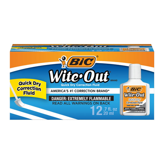 BIC Wite Out Quick Dry Correction Fluid, 20 mL, White, Goes on Easy With A Reduced Dry Time, 12-Count Pack