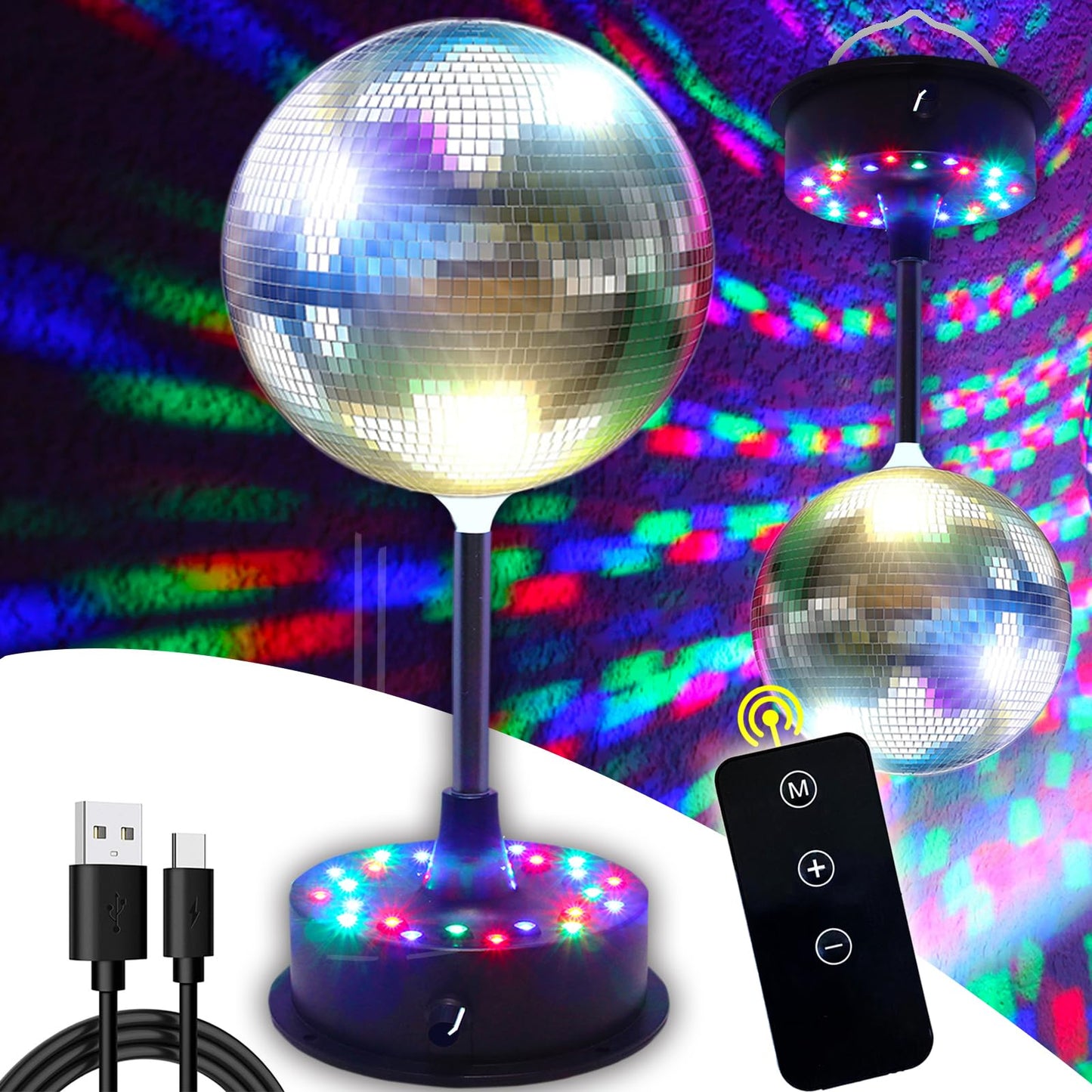 Remote Control 6 Inch Rotating Mirrors Disco Ball Light with 5RPM-9RPM Adjustable Rotary Motor 24 RGB LED Mood Lights Great for Home Party Dance