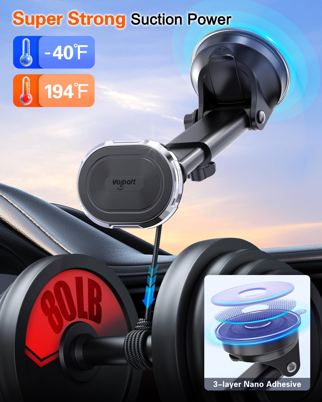 volport Magnetic Phone Holder for Car, Industrial-Strength Suction Cup Phone Mount Windshield Dashboard, Strong Magnets Adjustable Phone Mount
