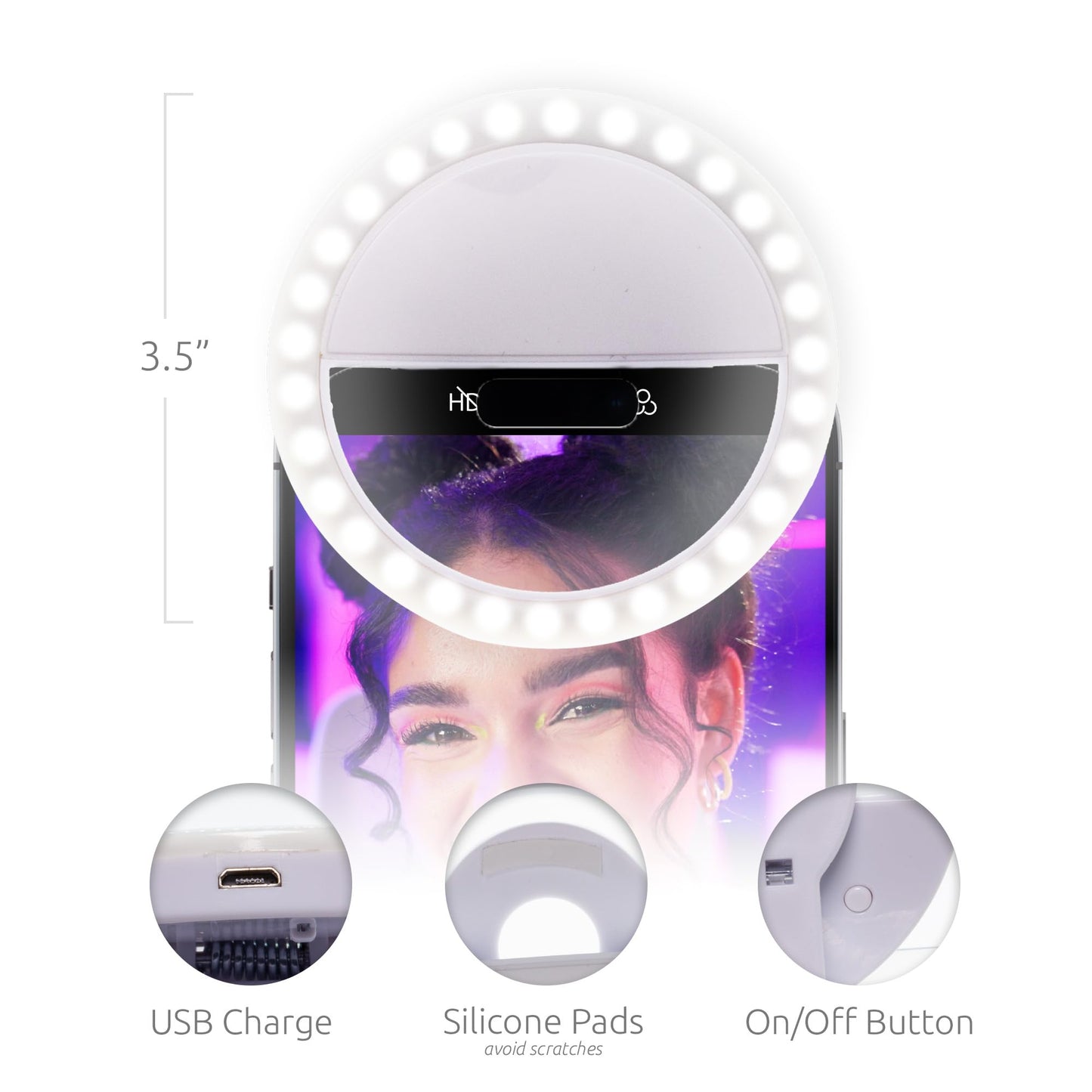 Windy City Novelties Rechargeable LED Selfie Ring Light - Clip-On 3.5” Phone Light for iPhone, Android & Laptops - USB Charging, Adjustable Brightness