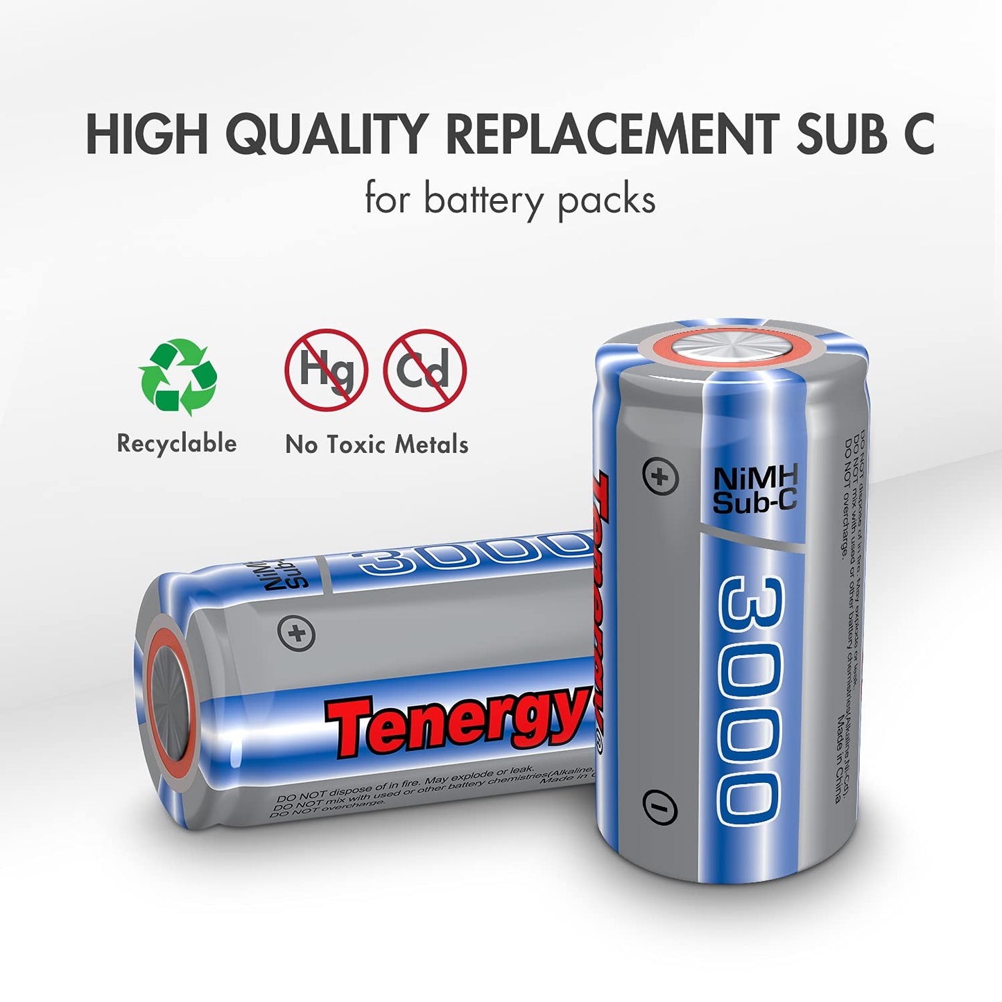 Tenergy NiMH SubC 1.2V 3000mAh Rechargeable Batteries, for Power Tools, 15 Pack