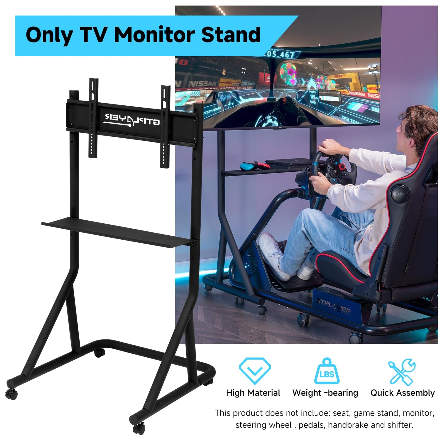 GTPLAYER Monitor Stand Mobile TV Stand with Adjustable Height for 32-65 Inch Display TV Mount Fit for Racing Wheel Stand, Racing Simulator Cockpit