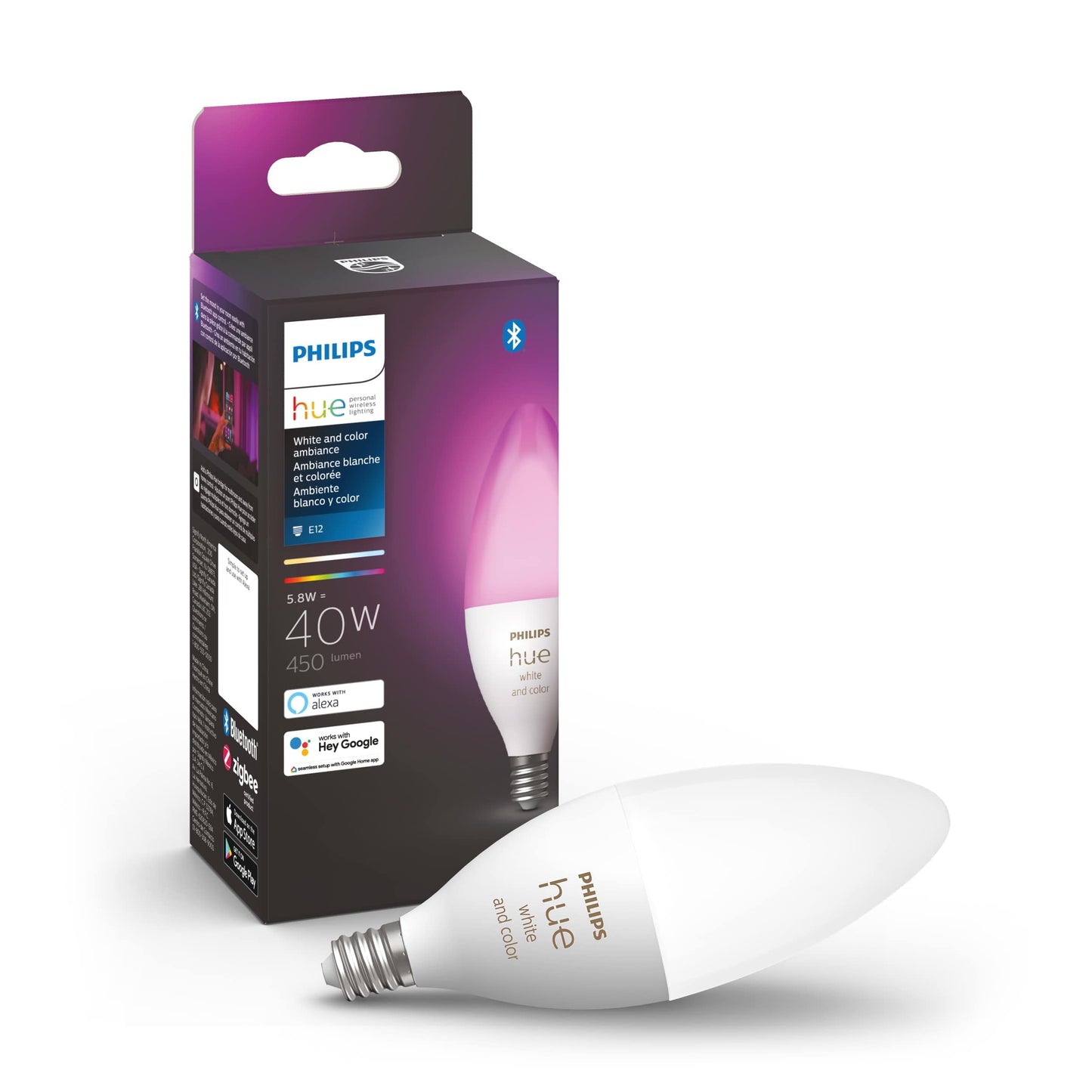 Philips Hue Smart 40W B39 Candle-Shaped LED Bulb - White and Color Ambiance Color-Changing Light - 1 Pack - 450LM - E12 - Control with Hue App - Works