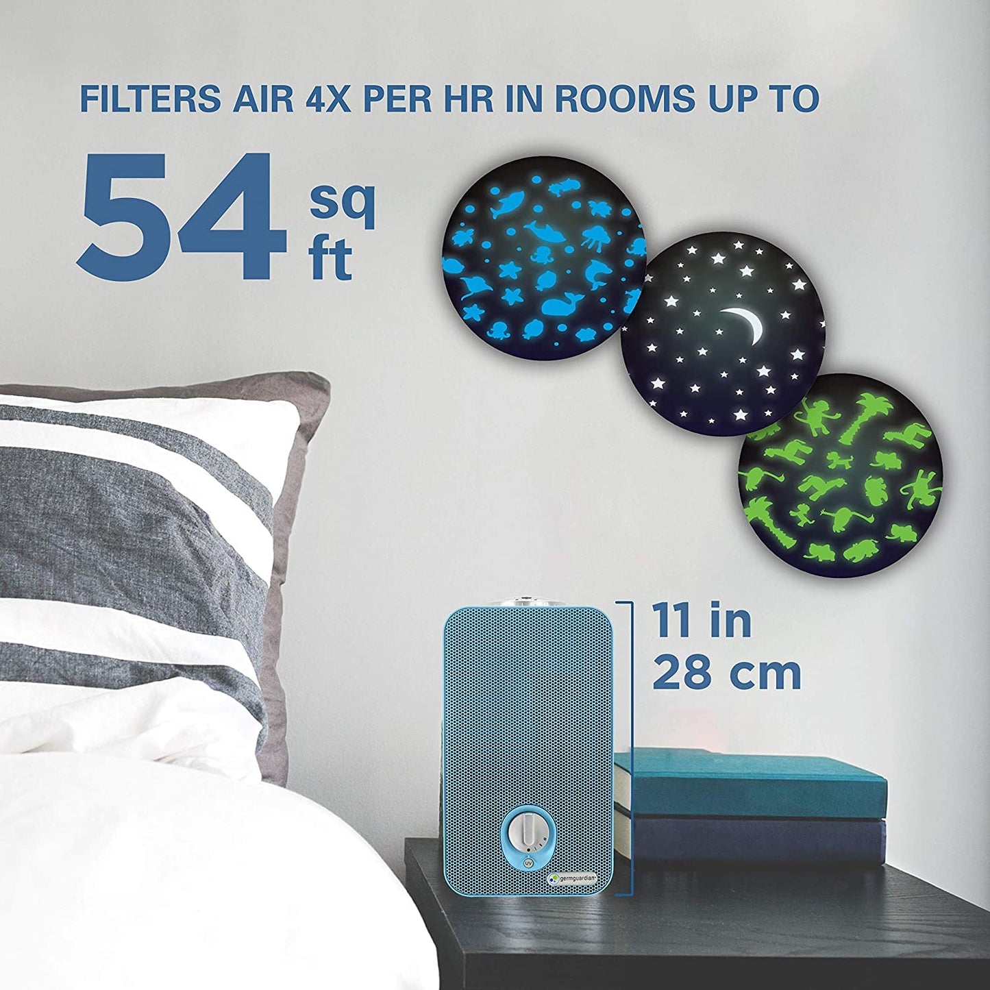 GermGuardian Air Purifier for Home with HEPA Pure Filter, Night Light Projector, UV-C Light Helps Reduce Germs, Removes 99.97% of Pollutants, Rooms up