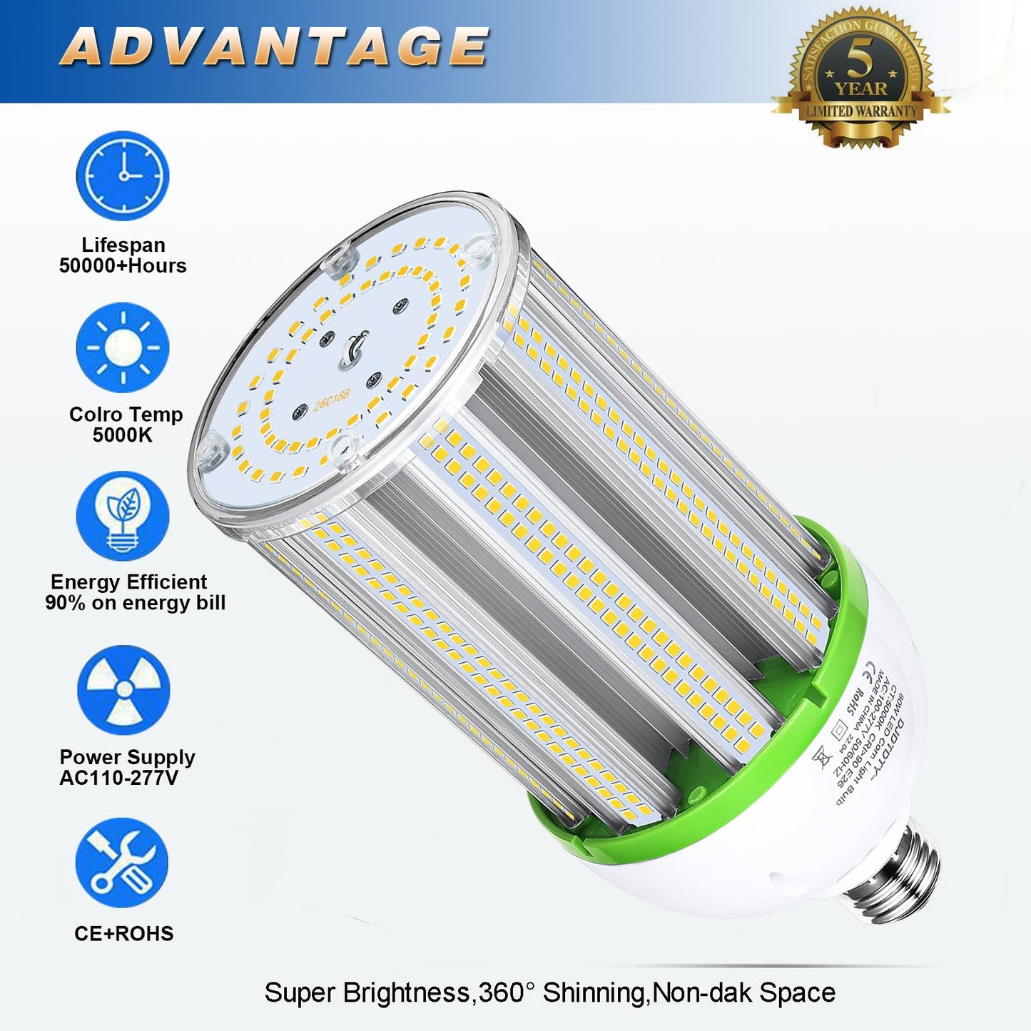 DJDTDTY Amazon High Brightness 100W LED Corn Light Bulb, E26 E39 Base LED Corn Lamp, 15000 Lumen 5000K Daylight 100V~277V Corn Cob Light Bulb