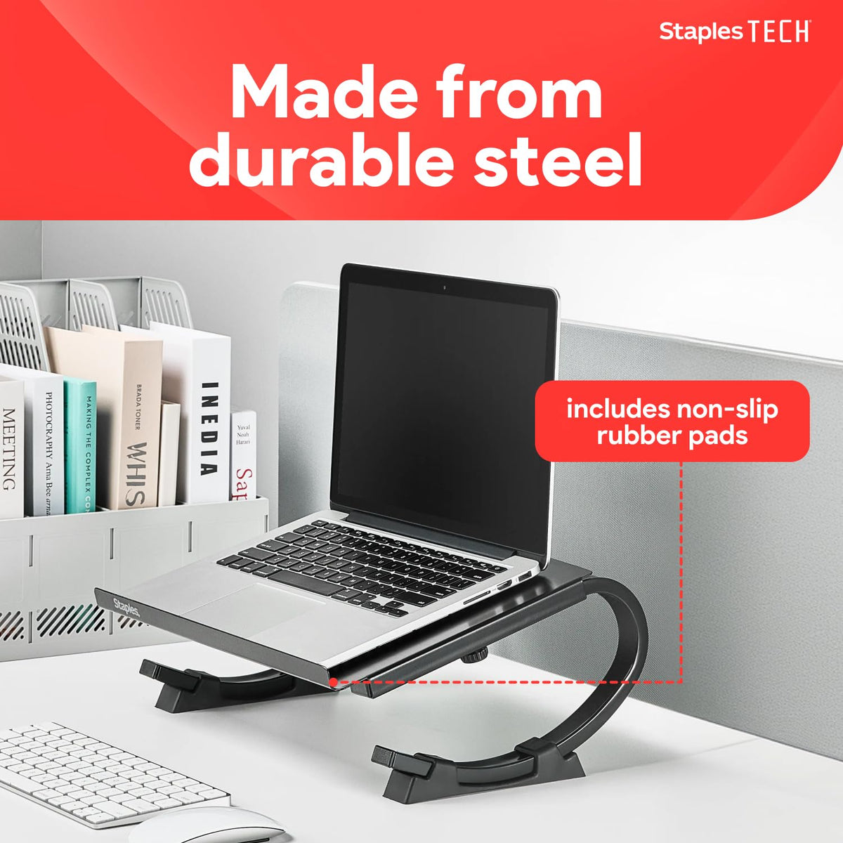 Staples TECH Adjustable Steel Laptop Stand, Ergonomic Curved Riser