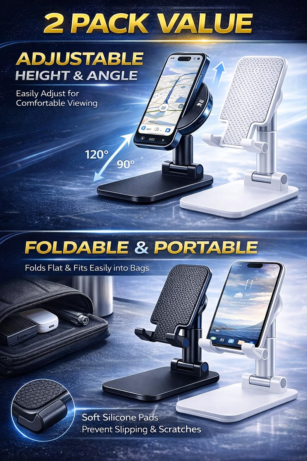 MVGLO Adjustable Phone Stand for Desk, Foldable Cell Phone Holder with Height & Angle Adjustment, Anti-Slip Base, Compatible with iPhone, Android
