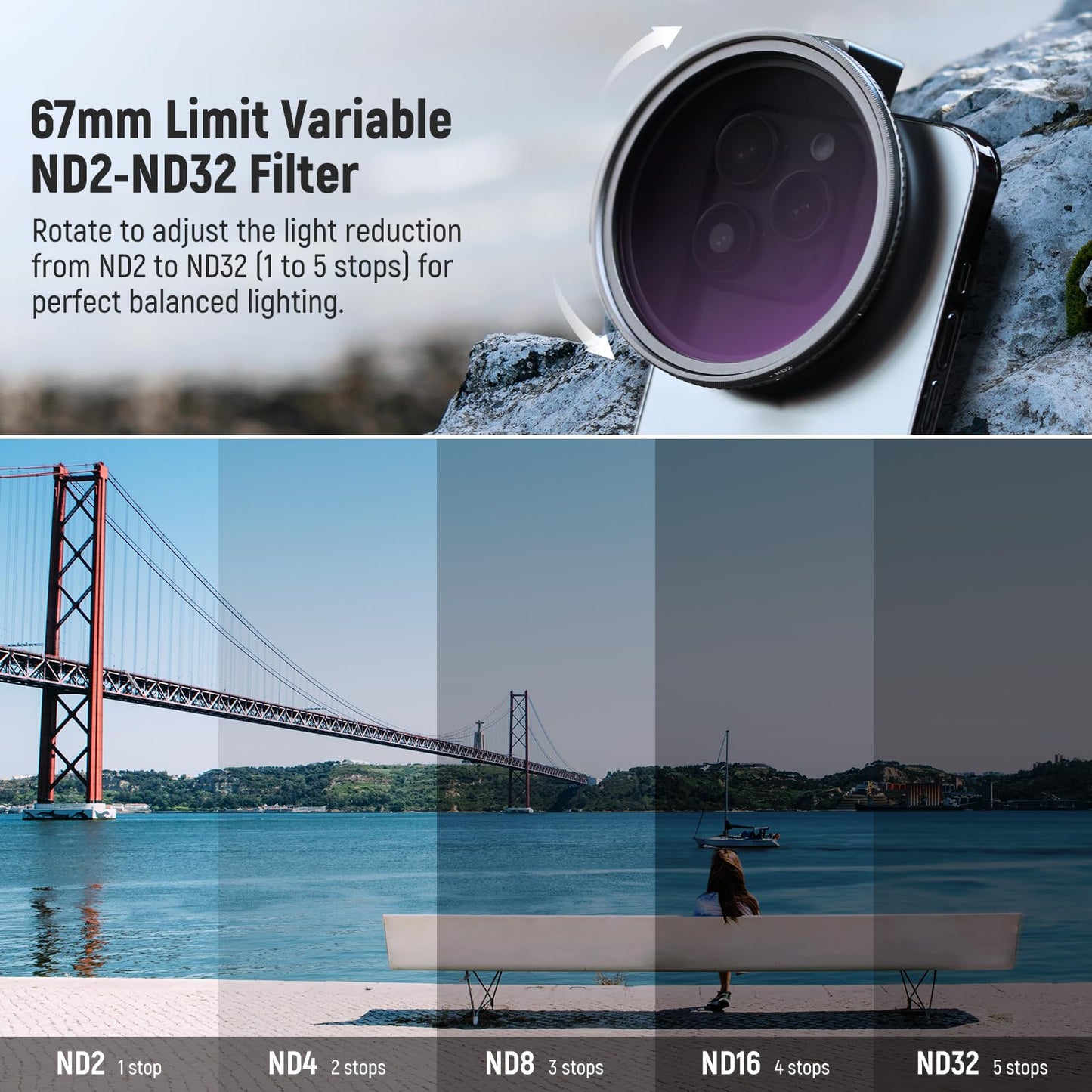 NEEWER 67mm Clip On Variable ND Filter Kit with Cold Shoe Phone Clip, Adjustable ND2-32 Filter Compatible with iPhone 17 16 15 Pro Max Plus Android