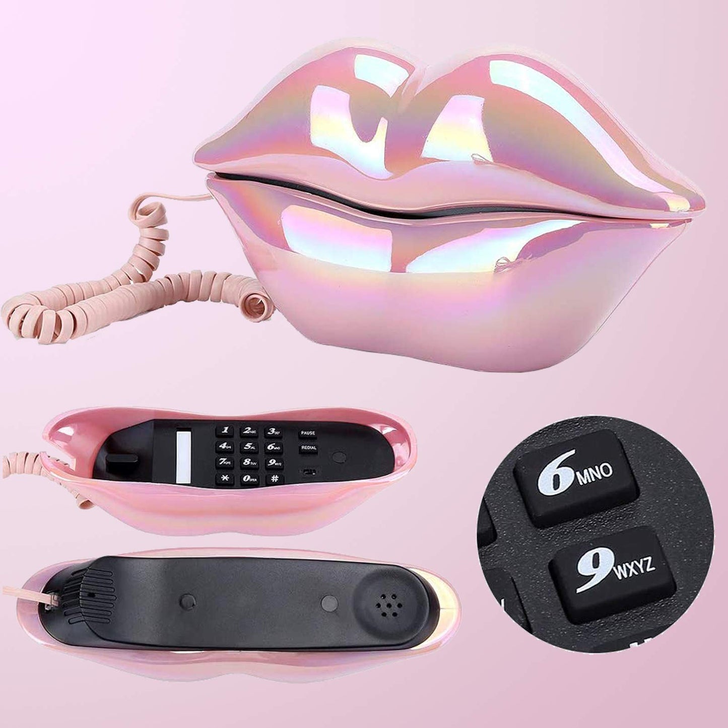 Advanced Home Telephone, Interesting Mouth Lip-Shaped , Funny Pink Lip Plastic Telephone Cable, Wire Phone Home Decoration, A for Friends or Families