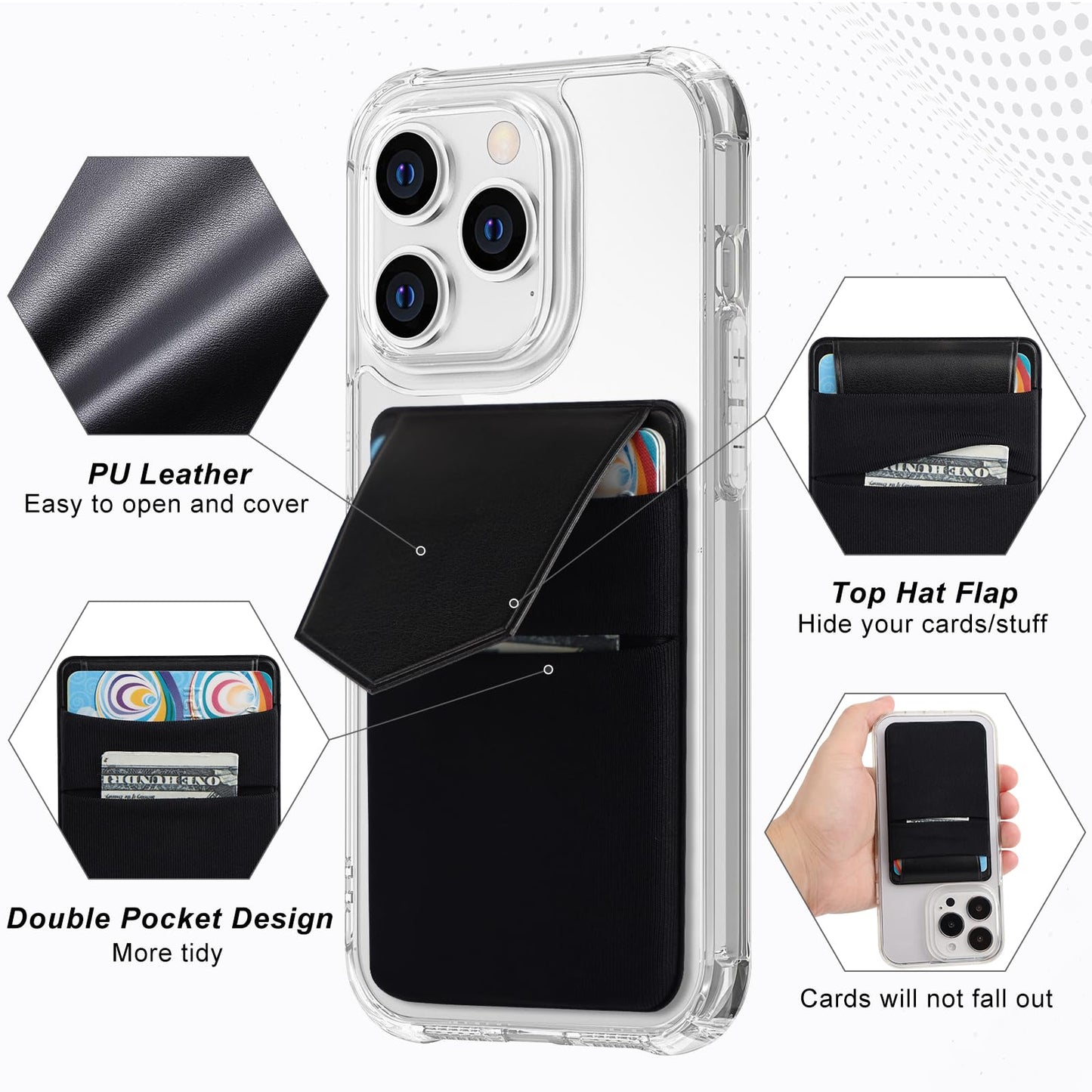 Phone Card Holder,2Pack Phone Wallet Stick on Credit Card Holder for Phone Case Stretchy Double Pocket with Flap,Adhesive Sticker for Back of Phone