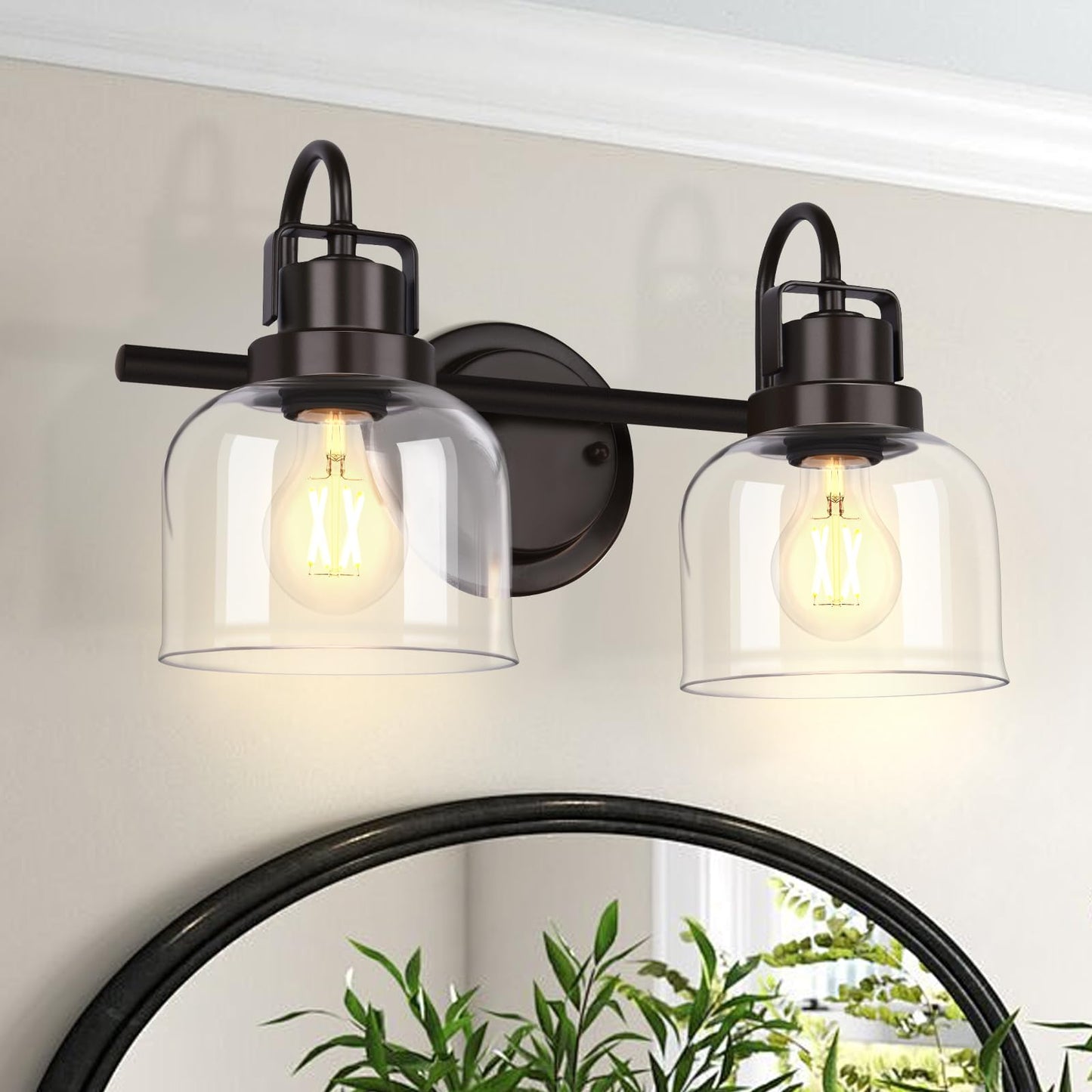 Bathroom Light fixtures, 2 Light Bronze Bathroom Vanity Light, Modern Vanity Light Fixtures with Metal Base and Clear Glass Shade, Wall Sconces