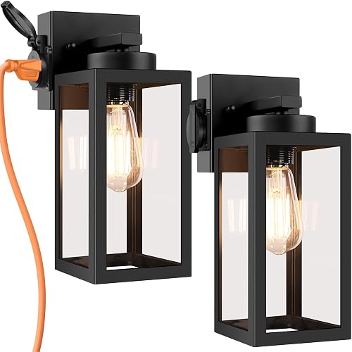 Bdrofn 2-Pack Porch Lights Outdoor Wall Lantern,Black Outdoor Wall Light with Outlet,Waterproof Anti-Rust Exterior Light Fixture Outside Lights