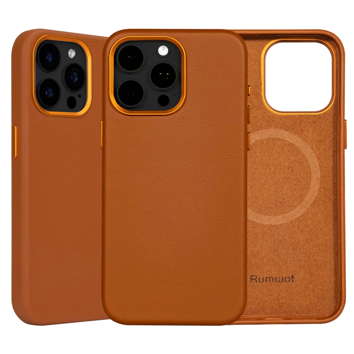 Rumwot for iPhone 15 Pro Leather Case | Genuine Full Grain Leather| Compatible with MagSafe and Wireless Charging | Metal Buttons Camera Bezel | Slim
