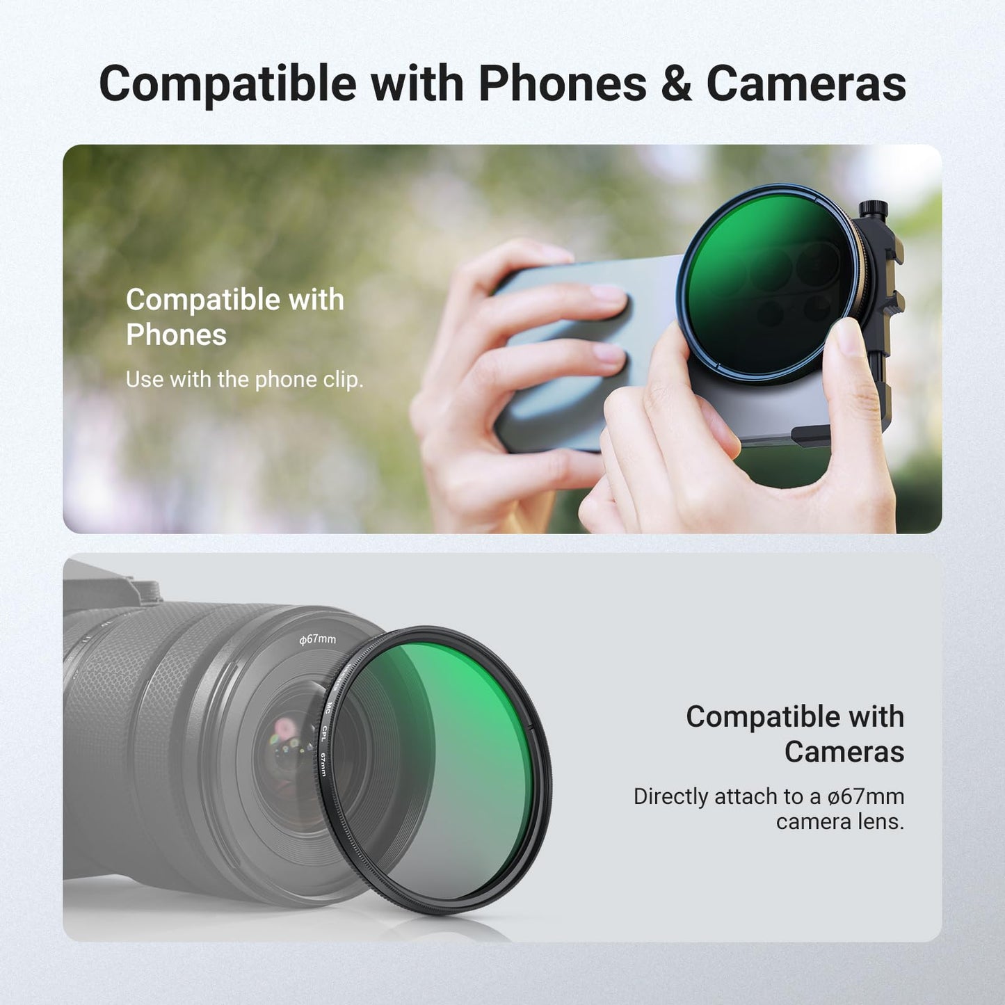 NEEWER 67mm Phone Filter Holder with Adjustable Clamp, Cold Shoe Mount & CPL Filter, Phone Camera Photography Accessories Compatible with iPhone 17 16