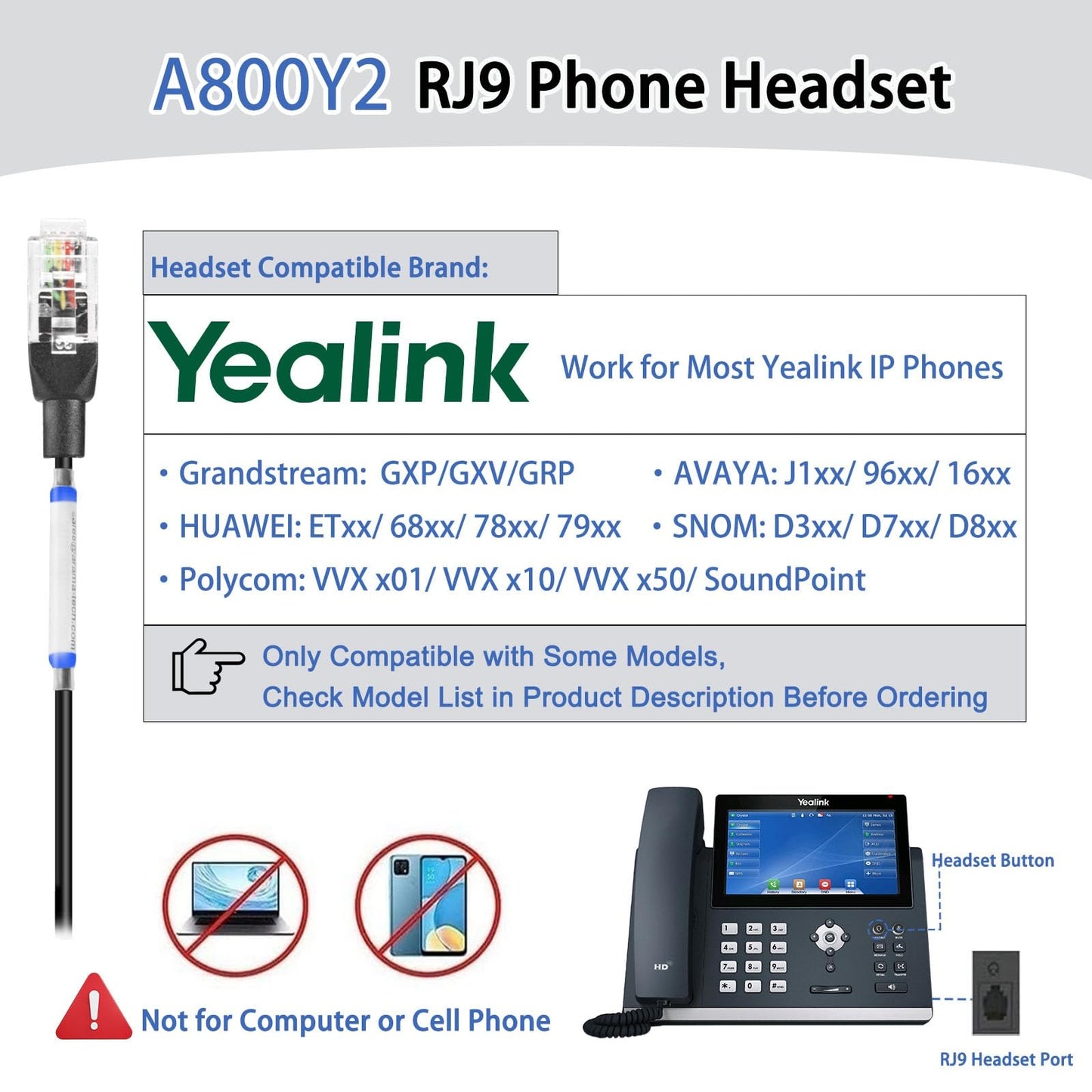 Arama Yealink Phone Headset with Mute Switch, RJ9 Office Telephone Headsets with Mic Noise Cancelling Compatible with Yealink VoIP Phone T21P T42S